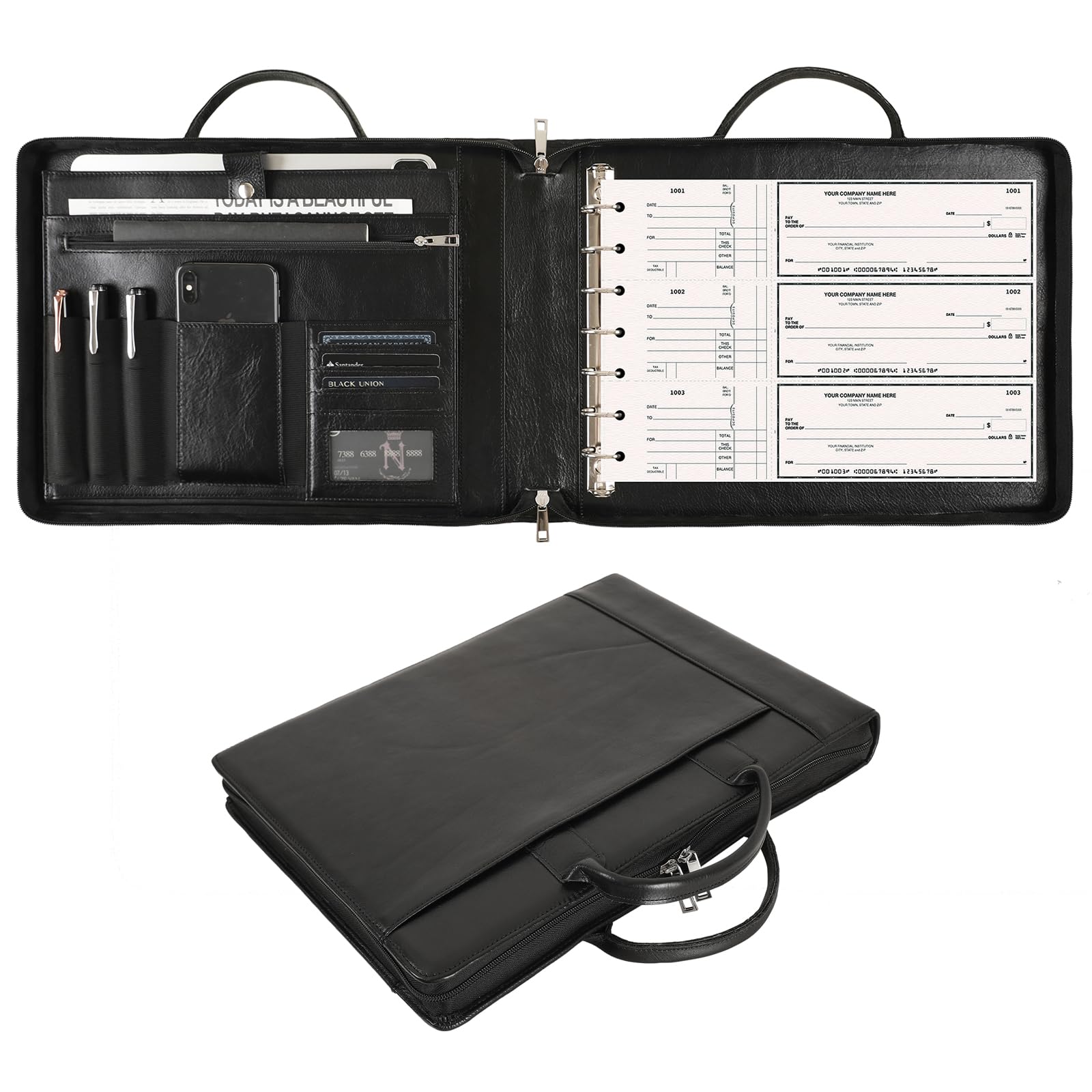 Carpeta de chequera de cuero hecha a mano, carpeta de cheques de 7 anillos con asa, chequeras para cheques de negocios para 3 por página, capacidad para 600 cheques para hojas de 9 x 13 pulgadas