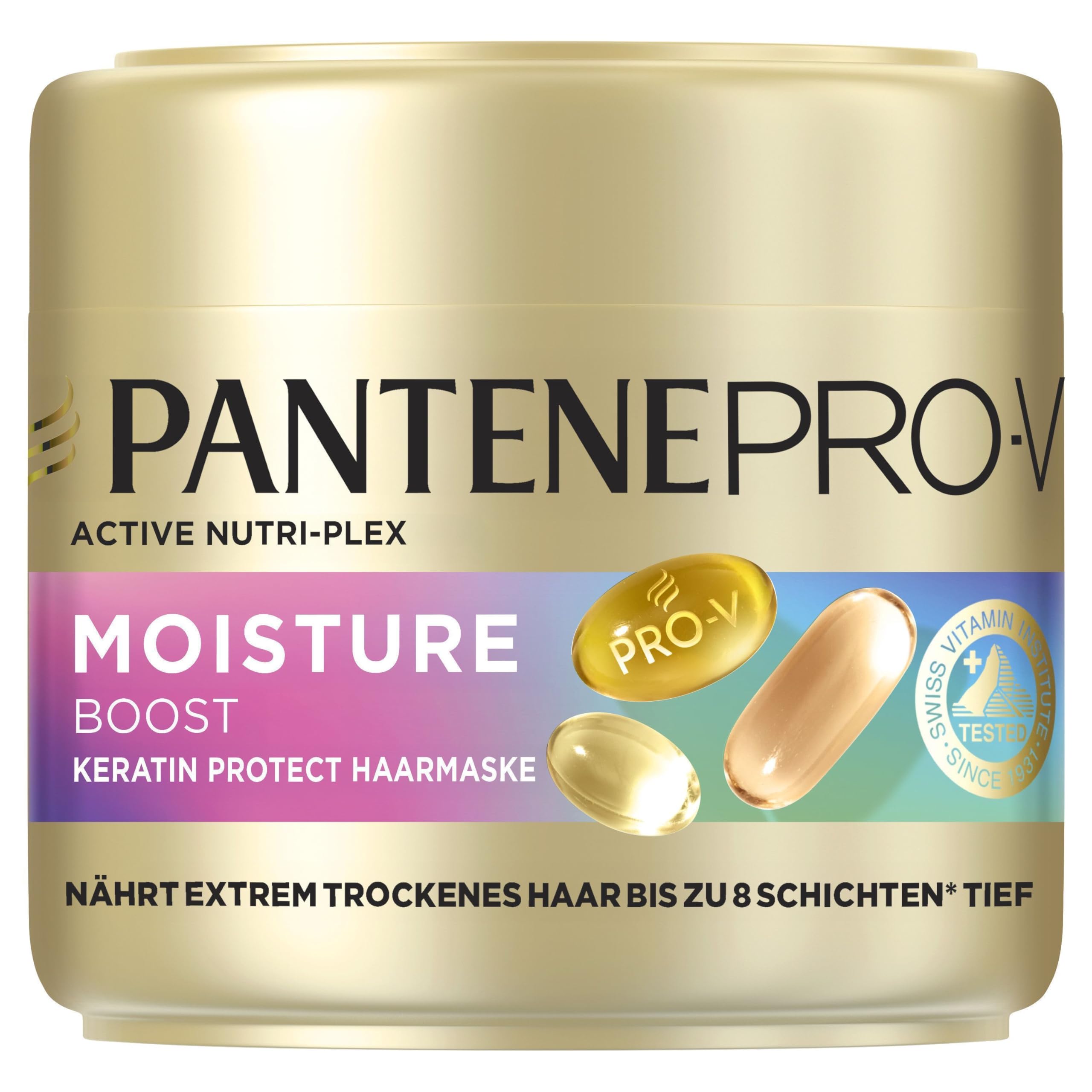 Pantene Pro-V Moisture Boost Keratin Protect Haarmaske 300ml Extrem Trockenes Haar. Nährt bis zu 8 Schichten Tief und Schließt Luftfeuchtigkeit Aus. Pro-V Formel und Active Nutri-Plex-Technologie