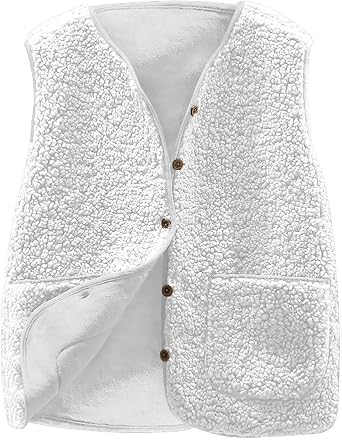 lcziwo Fleece Vest Women Sleeveless V Neck Button Down Vests Fall Winter Casual Warm Fuzzy Jacket with Pockets