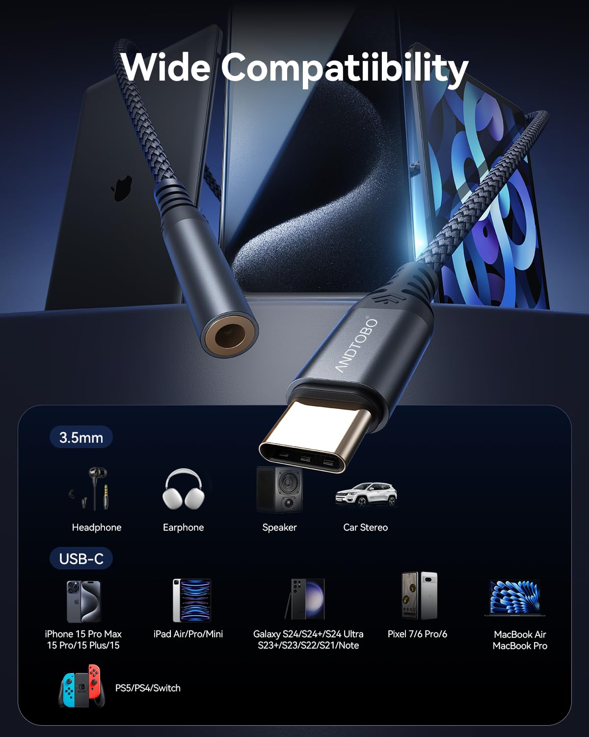 Adattatore USB C Jack 3,5mm per iPhone 16/15 Pro Max Plus, iPad Pro Air, Galaxy S24 Ultra S23 S21 S20