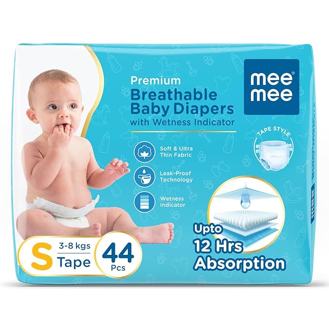 Mee Mee Premium Baby Tape Style Diapers, Breathable Small Diapers 44Pcs, 3-8 Kg, Skin Friendly, Super Absorbent, Cotton With Wetness Indicator | Protection Upto 12 Hrs For Babies/Infants of 0-2 Years