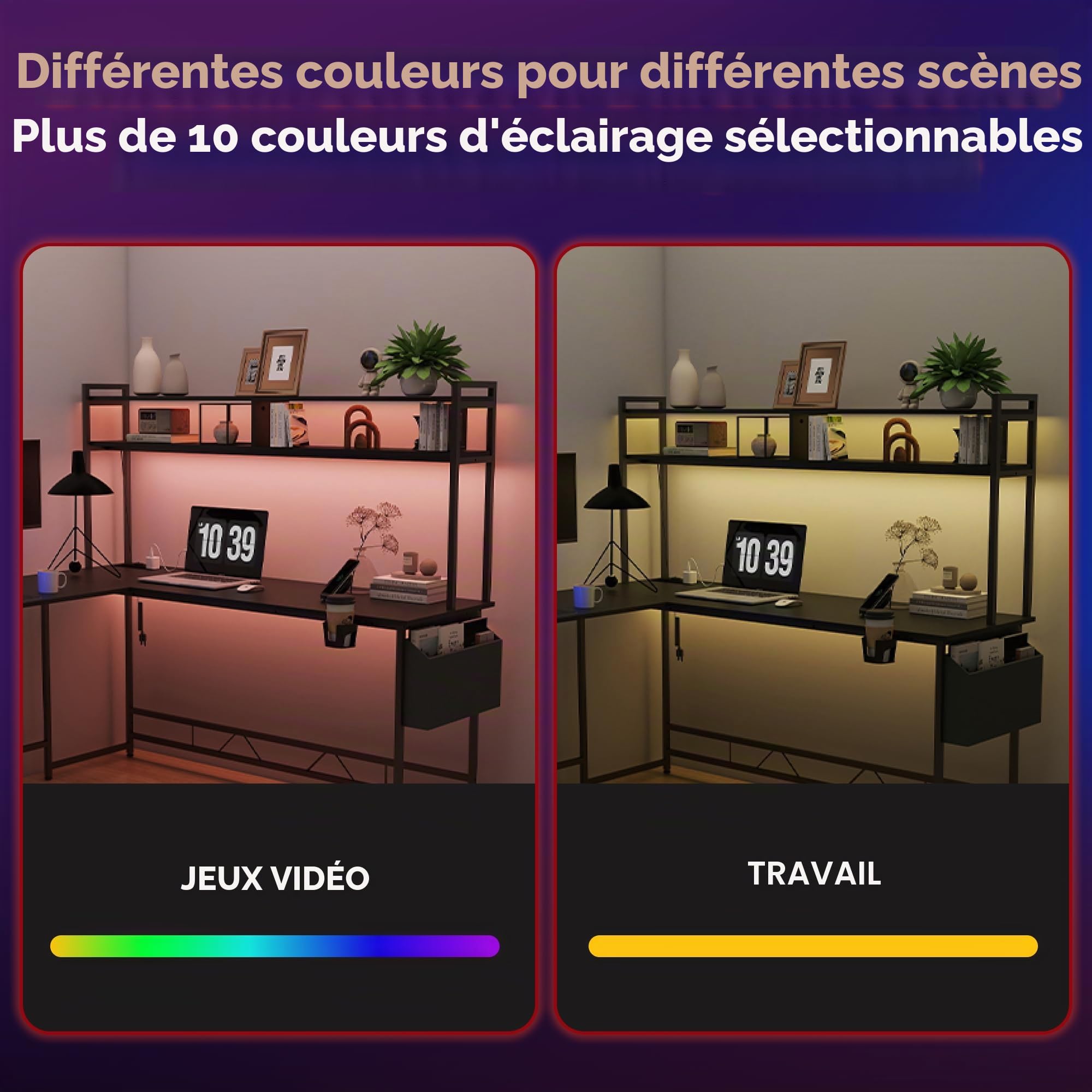 SANODESK LED Bureau Gaming 120 * 140cm, Bureau d'angle avec Rangement, 2 Chargeur USB, 2 Prises, Bureau Informatique PC en Forme L avec Support de Moniteur pour Jouer et Travailler, Noir