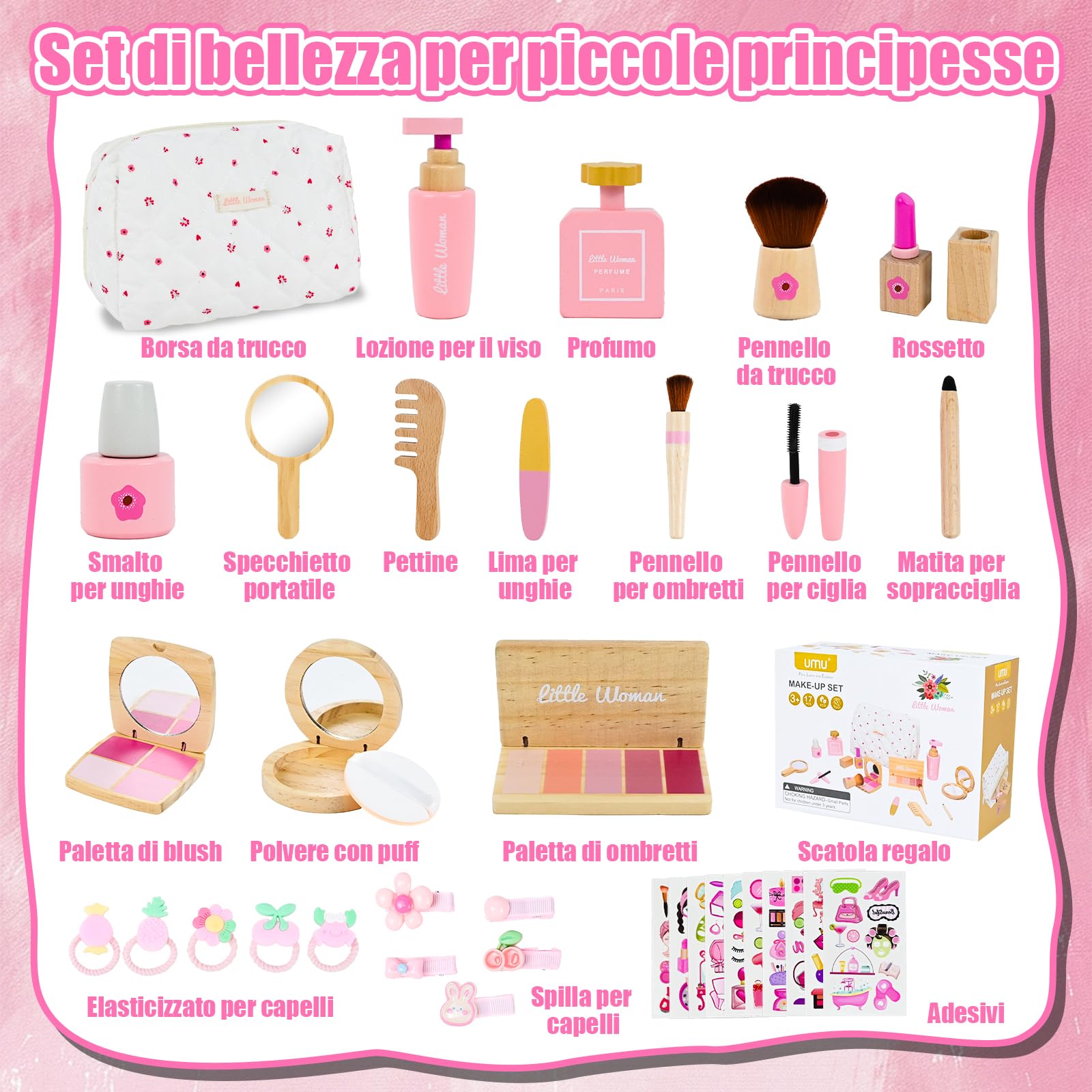 Joellfuner Set di trucchi per bambini, in legno, per bambini, in legno con fermagli per capelli e tatuaggi, gioco di ruolo, regalo di Natale per compleanno a partire dai 3 anni in su