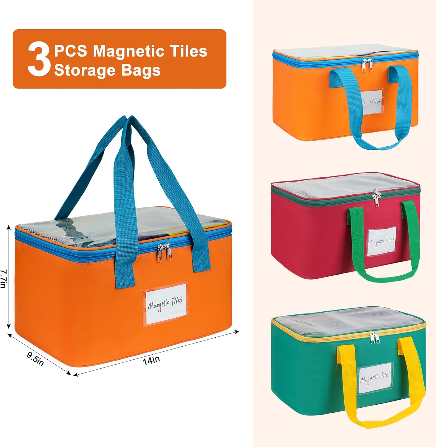 3 Packs Large Magnetic Tiles Storage Bags,Magnetic Tiles Storage Bin,Toy Organizer Case with Mesh Pocket and Tag Pocket for Magnet Building Tiles,Board Game,Puzzle and Lego Bricks