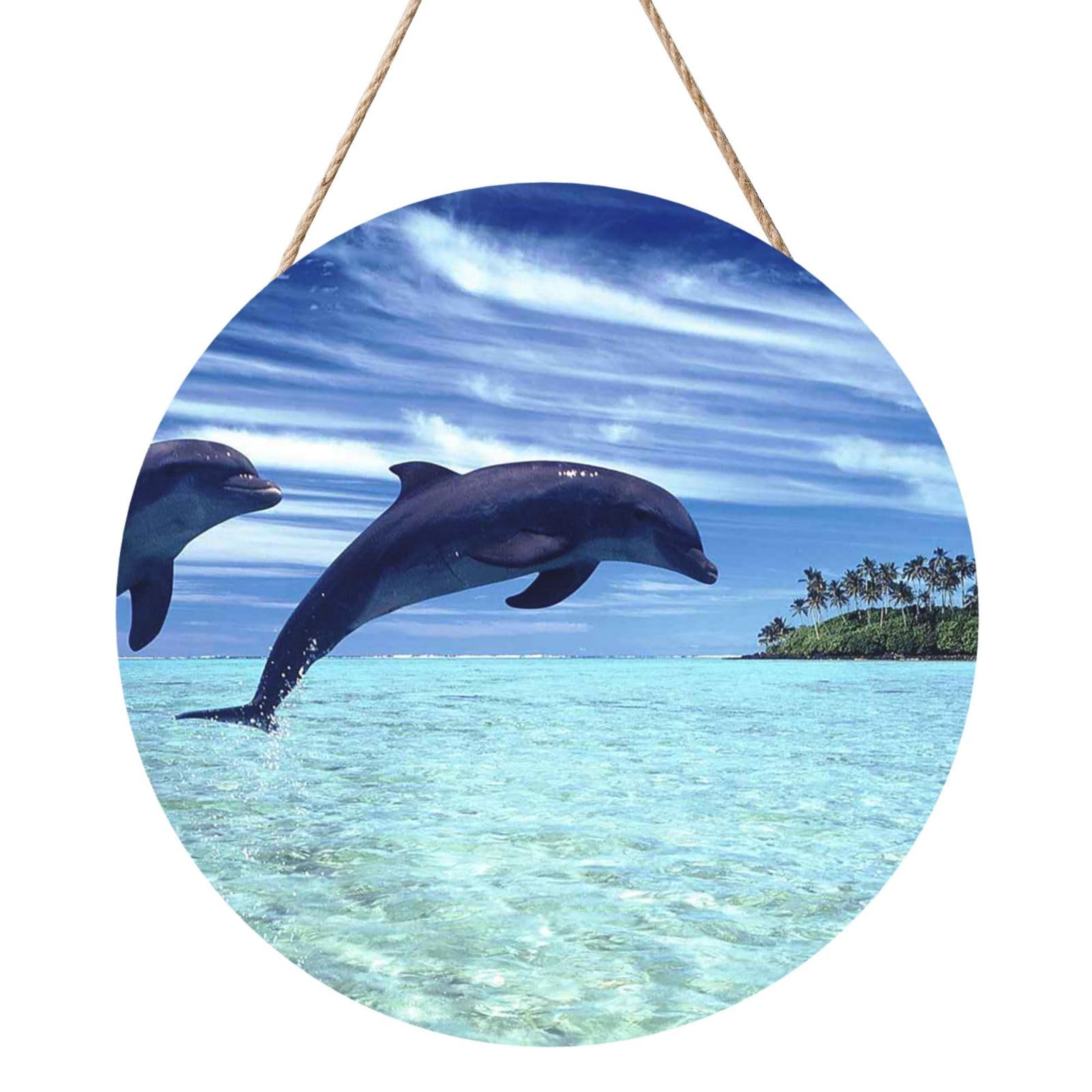 InOmak Jumping Whales, Round Wood Panel Painting 12 in, Wall Hanging Painting For Home
