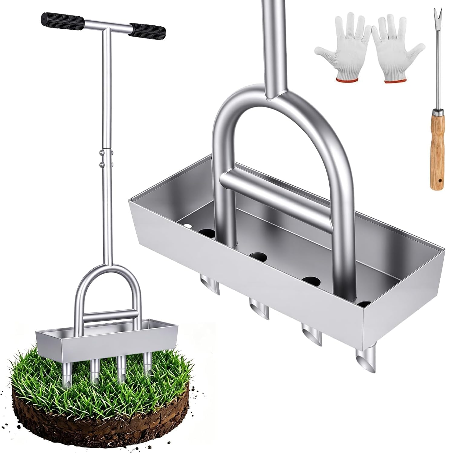 Aireador de núcleo de césped, herramienta aireadora manual de césped con 4 descorazonadores de acero inoxidable, herramienta de aireación de césped premontada con bandeja de almacenamiento de
