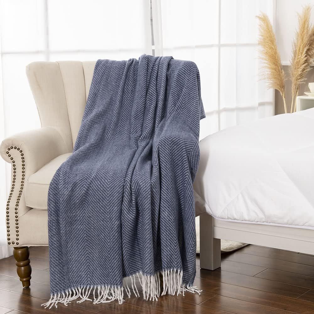 Gealaek Decorative Herringbone Faux Cashmere Throw Blanket Navy Blue Cheveron Fringe Lightweight Fuzzy Soft Cozy Throws for Sofa Bed Farmhouse Throw Blanket 50" x 60" - Image 4
