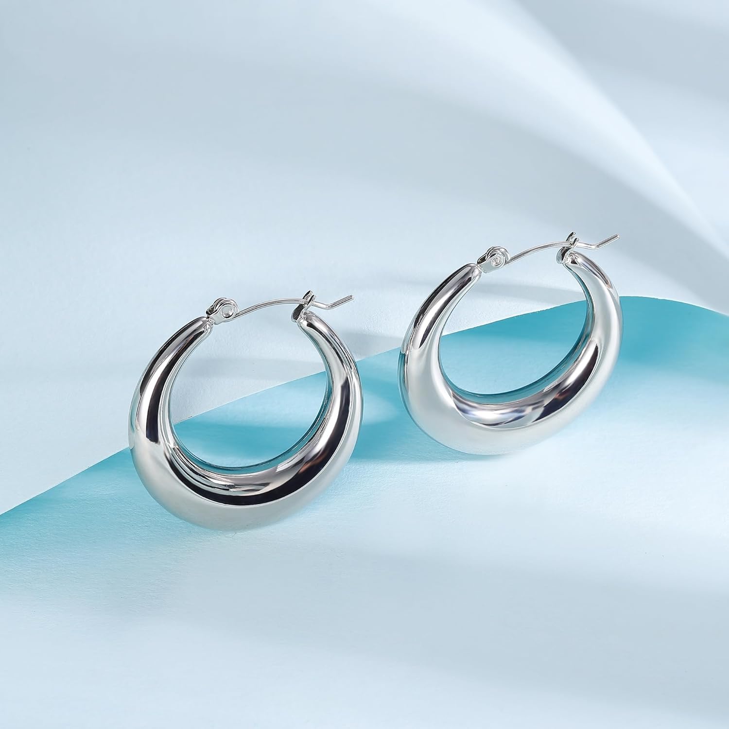 MDFUN 316L Chunky Stainless Steel Hoop Earrings, Fashionable Lightweight Hollow Open Hoops, Hypoallergenic Whtie Gold Plated Pipe Earrings for Women - Image 3