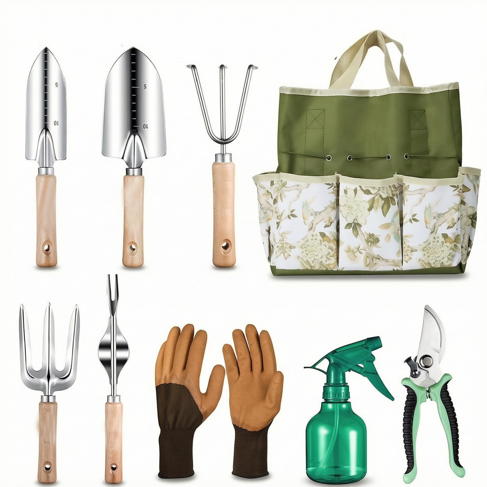 Attrezzi da giardino in acciaio inossidabile con manici in legno