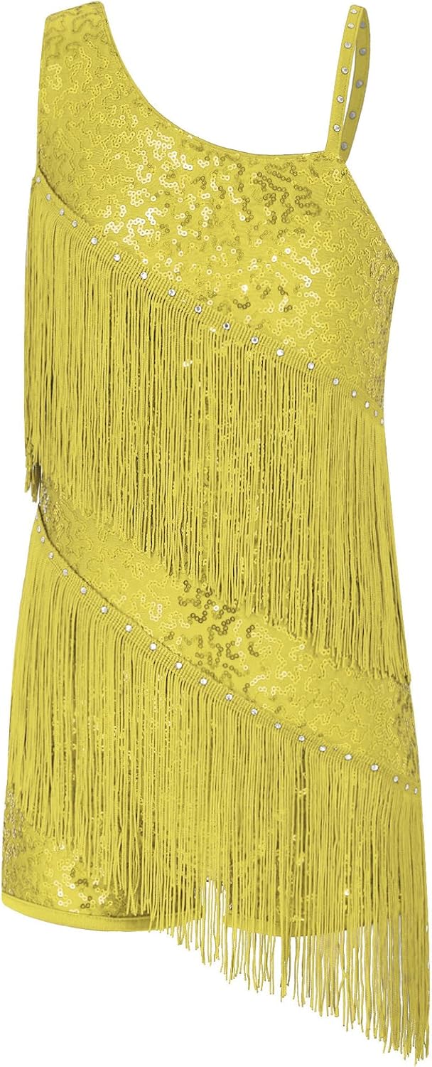 Latin Dance Dress for Girls Kids Sleeveless Sequins Tassel Hem Ballroom Dance Leotard Dress
