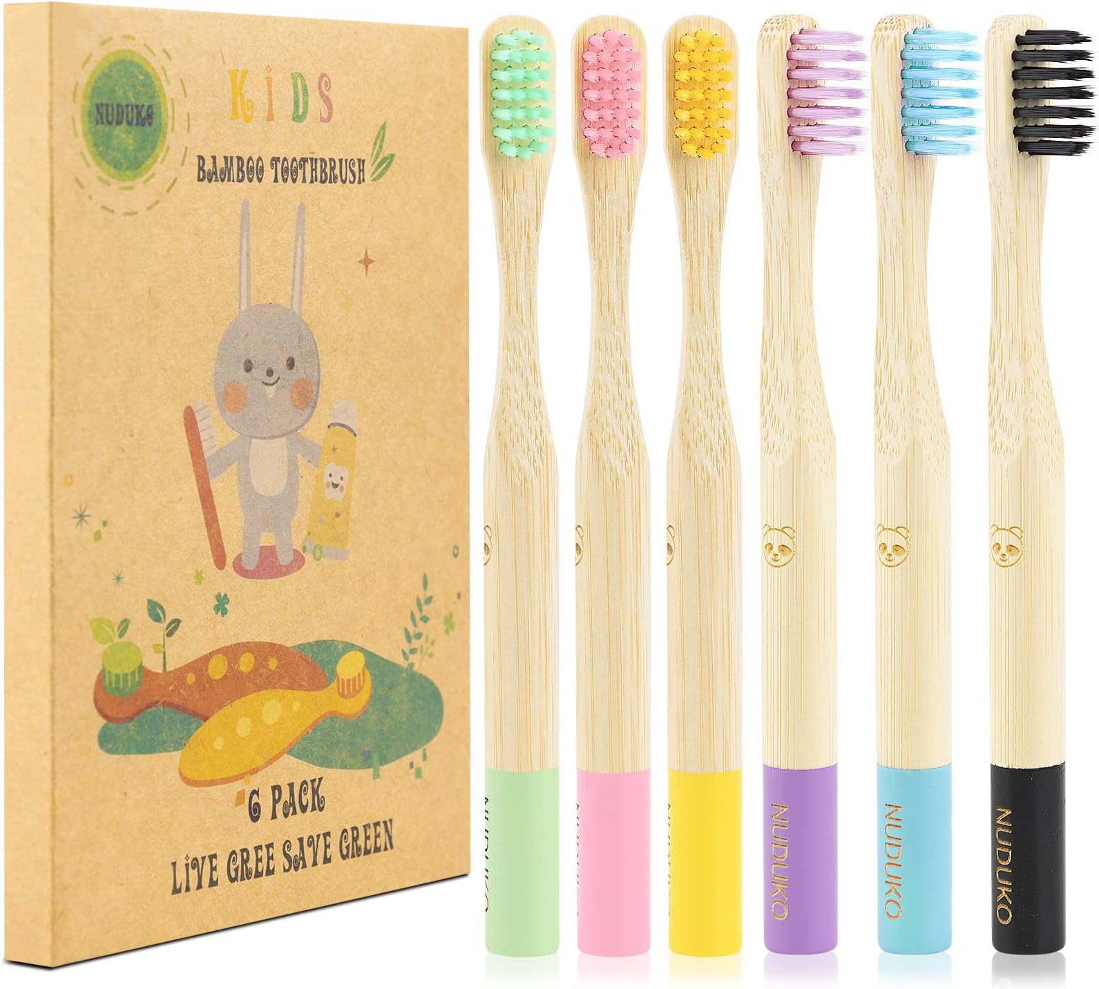 NUDUKO Bamboo Kids Toothbrushes (6 Pack) - Soft Bristle Organic Compostable BPA Free Toothbrush for Kids Toddler Baby Tooth Brush, Eco Friendly Natural Biodegradable Wooden Toothbrush - Round Handle