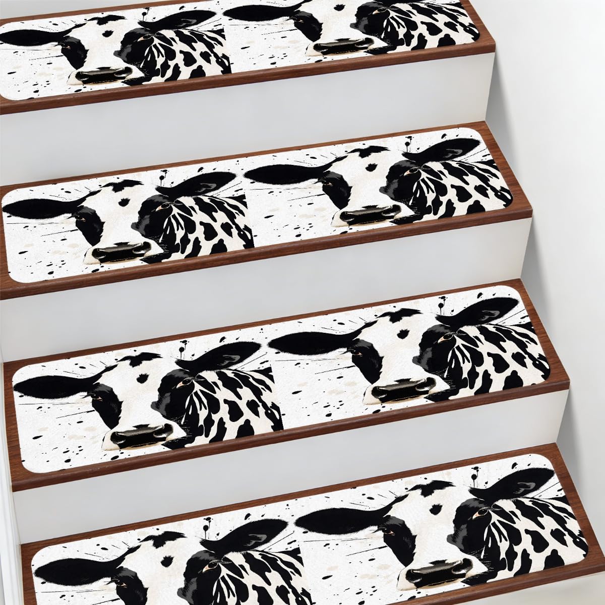 Alfombra para escaleras Mexpekil de 20x76 cm con estampado de vaca blanca