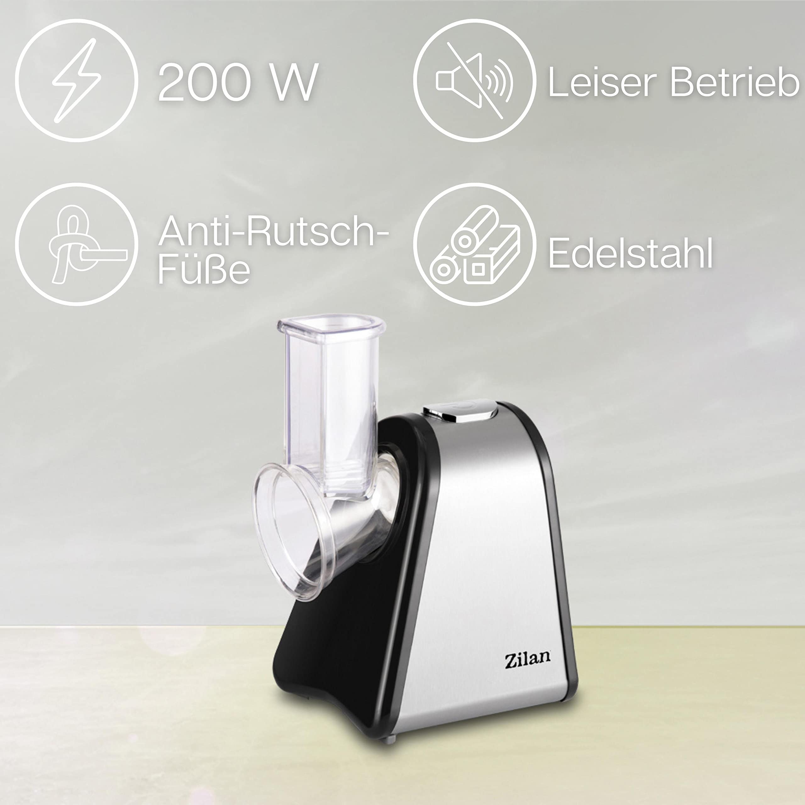 Elektrische Küchenreibe | 200 Watt | 4 Aufsätze | Trommeln aus Edelstahl | Elektrischer Gemüsehobel Küchenmaschine Reibe Multifunktionsreibe | Elektrisches Schnitzelwerk |