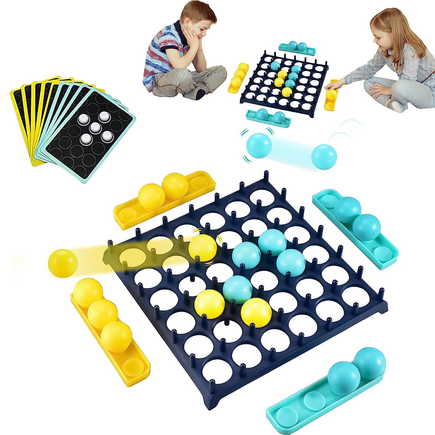 Bounce Ball Parent Child Interactive Party Table Games with 9 Cards with Different Patterns,16 Balls and 1 Game Grid,Kid,Teens and Adults Family Party Game,2-4 Palyers Game
