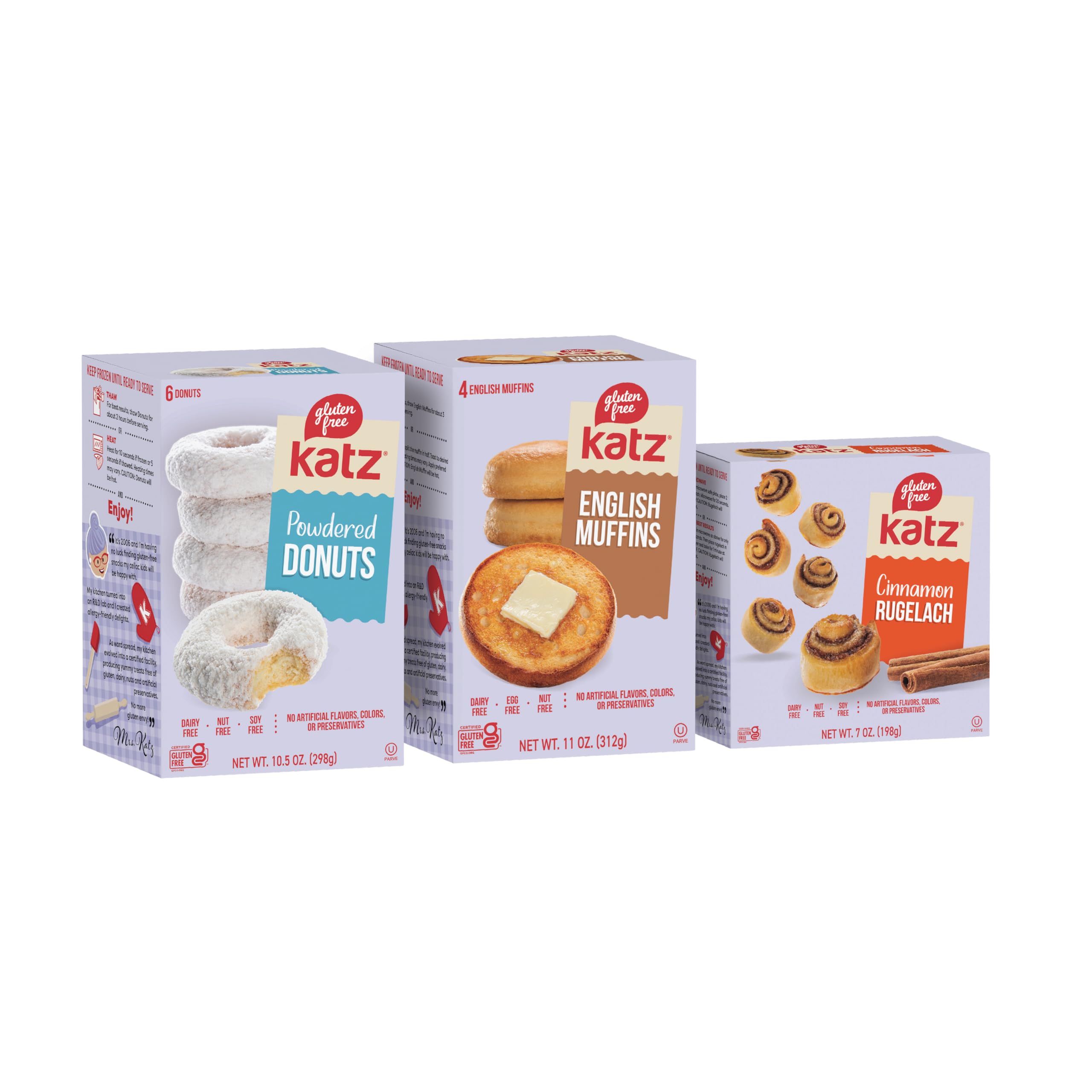 Variety Pack. English Muffin, Powdered Donut, And Cinnamon Rugelach. Dairy, Nut, Soy and Gluten Free | Kosher (1 Pack of each)