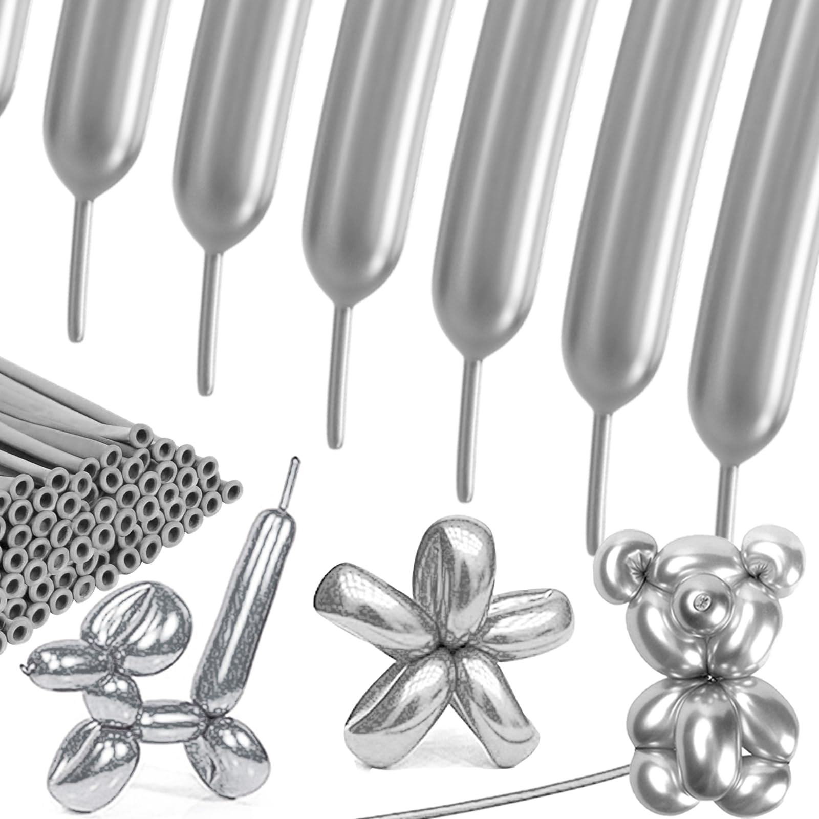 SULALABOO 260 Long Balloons Silver Metallic 100PCS, Latex Shiny Balloon to Twisting Flowers Animals Decorations for Birthday Anniversary Wedding or Other Party Events and Festivals DIY