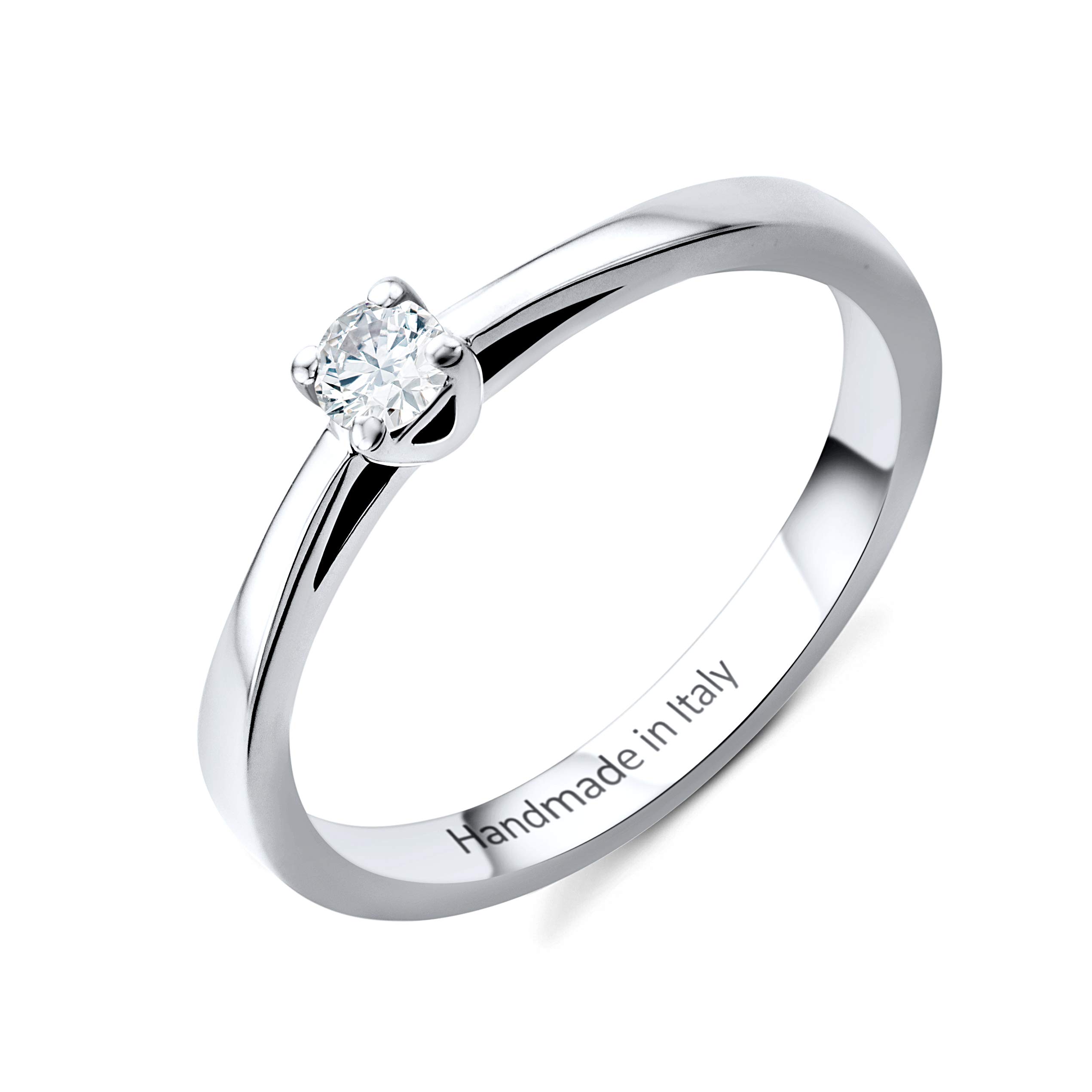Orovi Anillo de compromiso de oro blanco para mujer, de oro 585 de 14 quilates y diamantes de 0,1 quilates, hecho a mano en Italia