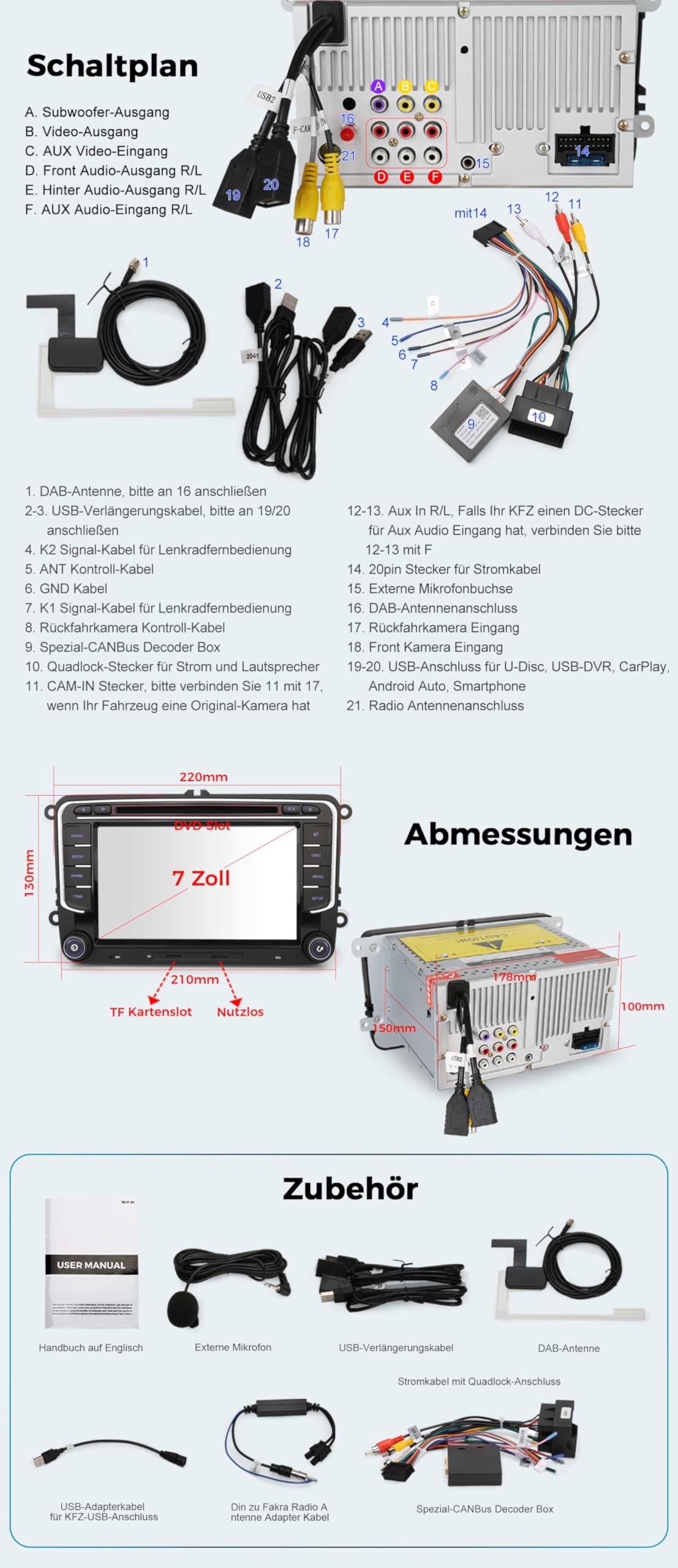 DAB+ Digitalradio Autoradio Linux für VW Caddy MK3/4 Polo 6R Crafter Amarok Transporter T6 Skoda Yeti Navigation CD | CarPlay & Android Auto | WiFi USB Bluetooth 5.1 Kamera CANBus DSP RDS Schnellstart