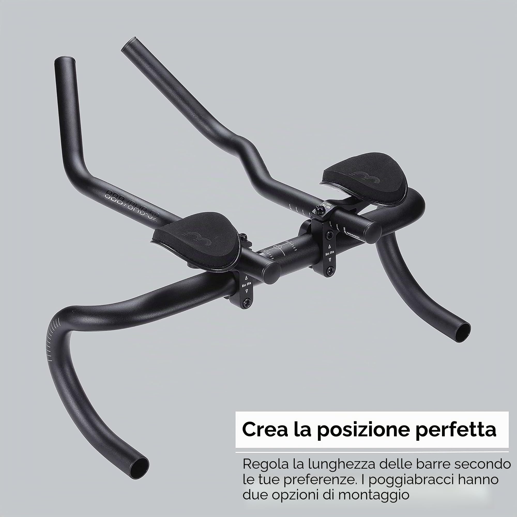 BBB Cycling AeroBase BHB-52 - Prolunghe Manubrio Triathlon in Alluminio con Curva Ergo per Bici da Corsa - Poggiagomiti EVA Regolabili - Compatibili con Manubri 25.4/31.8 mm