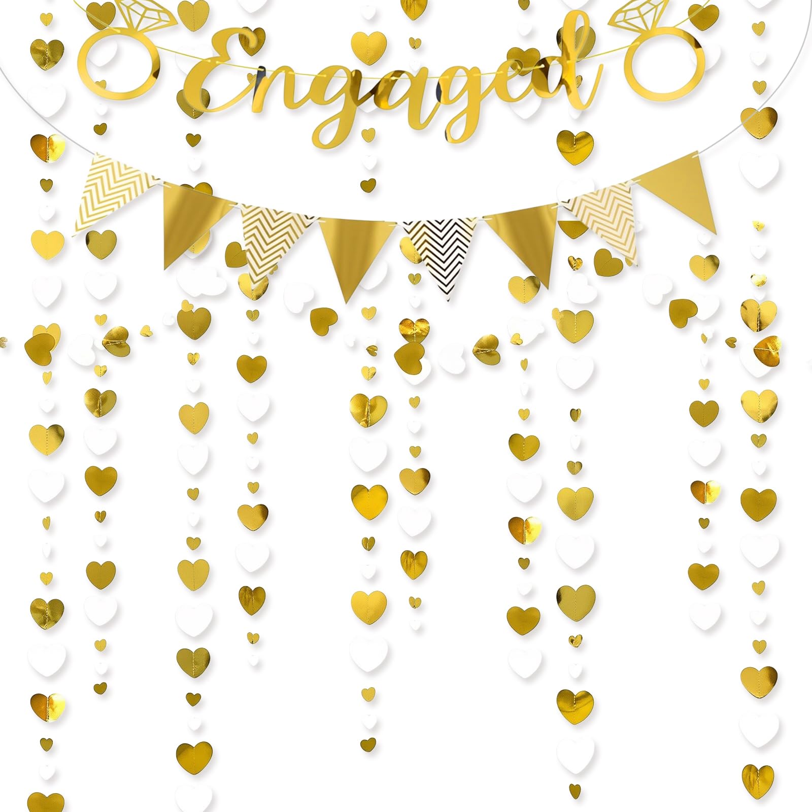Shensuii Engagement Party Decorations, Gold Engagement Decorations Set, Engaged Banner with Triangle Pennant and White Gold Love Heart Garland, Hanging Banners for Wedding Party