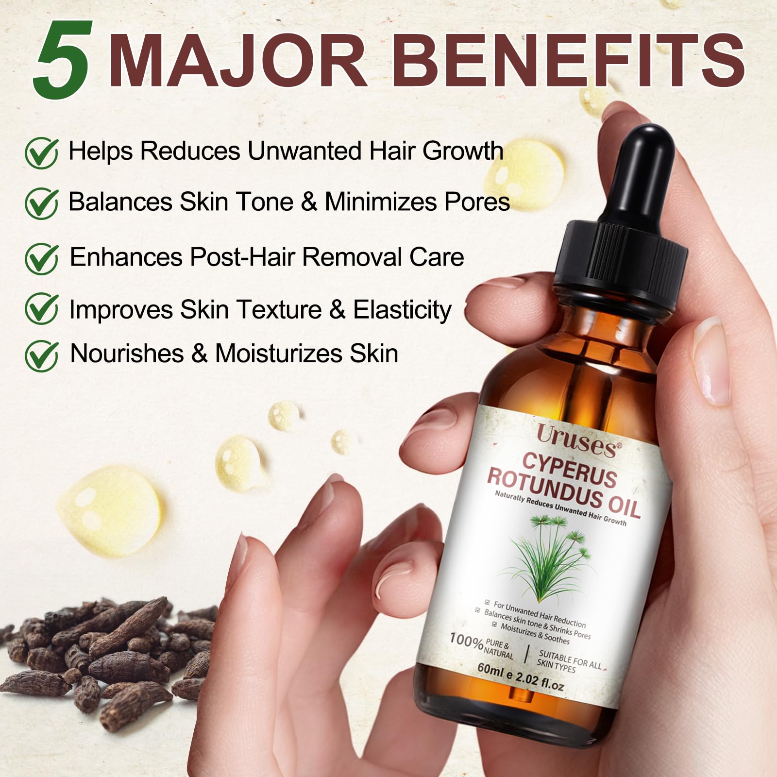 Huile Cyperus Rotundus, Huile Inhibitrice de Pilosité au Cyperus Rotundus 60ml | Réduit la Repousse, Répare la Peau & Resserre les Pores | 100% Naturelle, Vegan & Adaptée aux Peaux Sensibles
