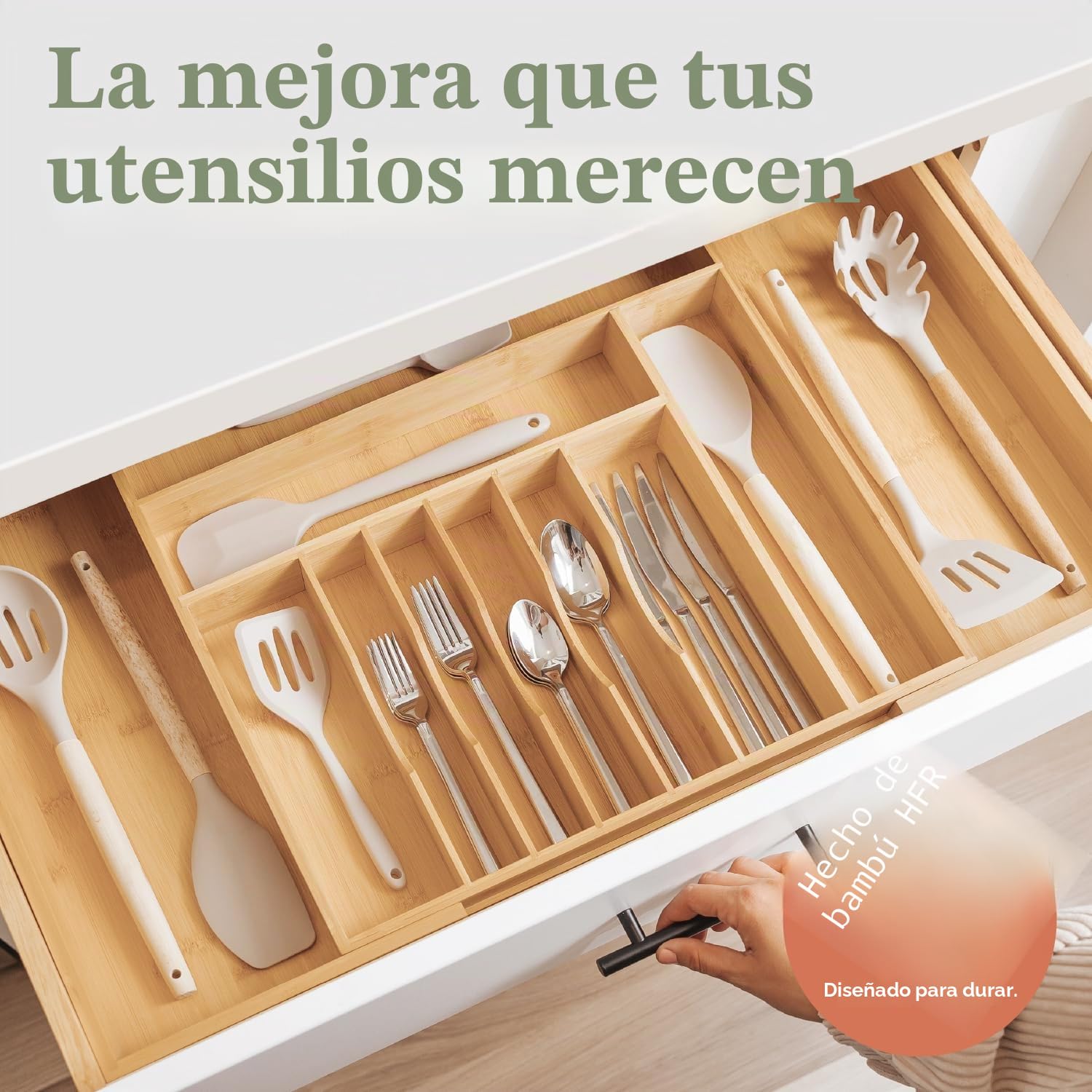 KitchenEdge Bandeja de cubiertos y organizador de utensilios para cajones de cocina, ampliable hasta 84 cm de ancho, 11 compartimentos, 100% bambú