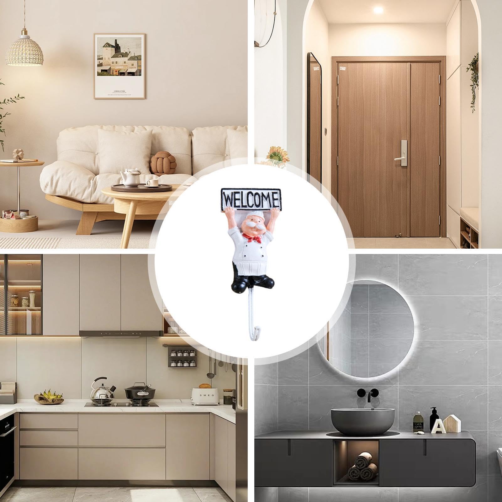 Ganci Autoadesivi Da Parete A Forma Di Chef Francese – Resina + Acciaio Inox, 10x4 Cm, Con Colla 3M