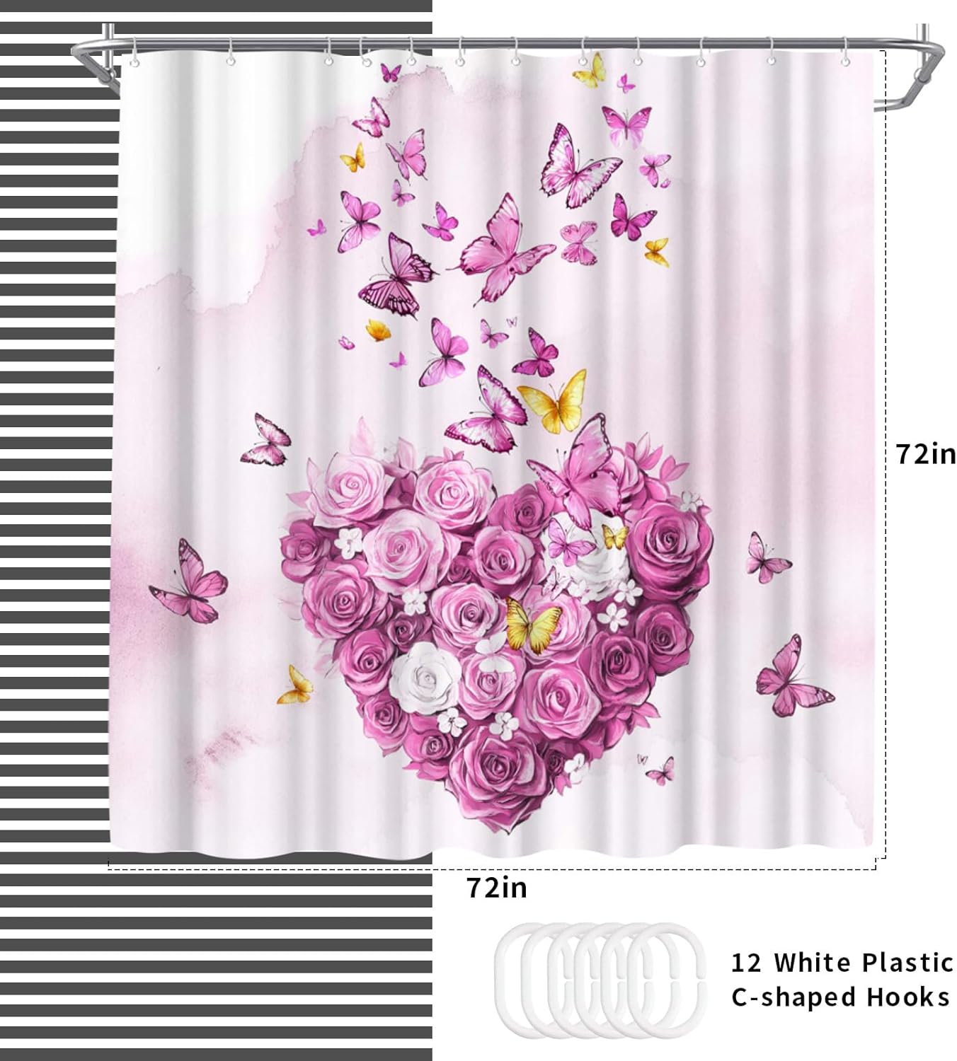 WELMECO Flower and Butterfly Shower Curtain, Romantic Heart Bathroom Decor Polyester Fabric 72x72inch Bath Curtain with Hooks (Pink)