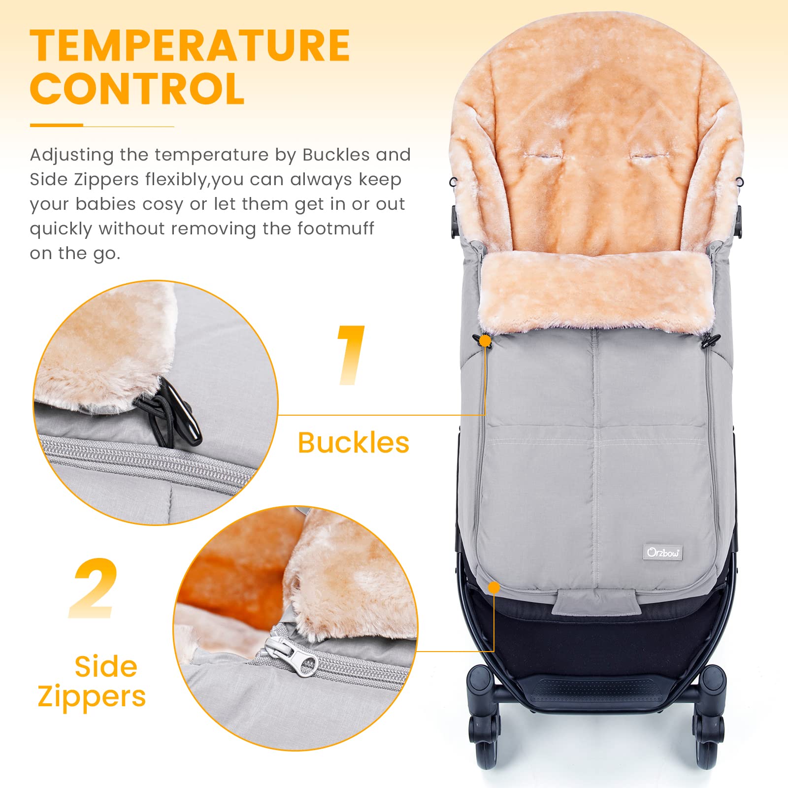 Orzbow Footmuff for Pushchair Universal Waterproof Cosy Toes for Buggy Universal with Warm Faux Sheepskin Removable and Machine Washable - Image 3