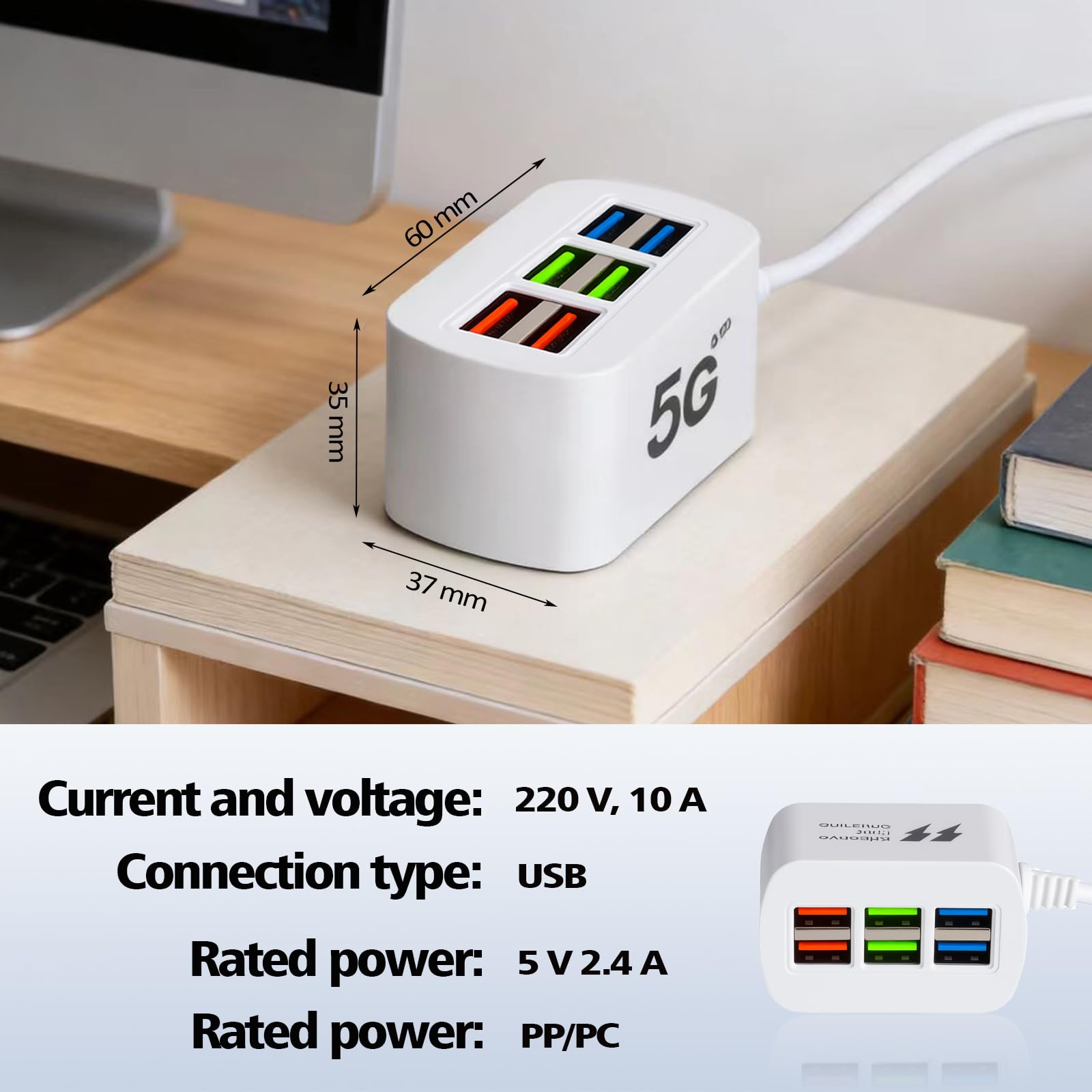 HENGBIRD 6-portowa ładowarka USB, wielokrotna jako kompaktowa listwa zasilająca z USB, wtyczka USB do wielokrotnego ładowania wielu urządzeń jednocześnie, idealna do domu i biura