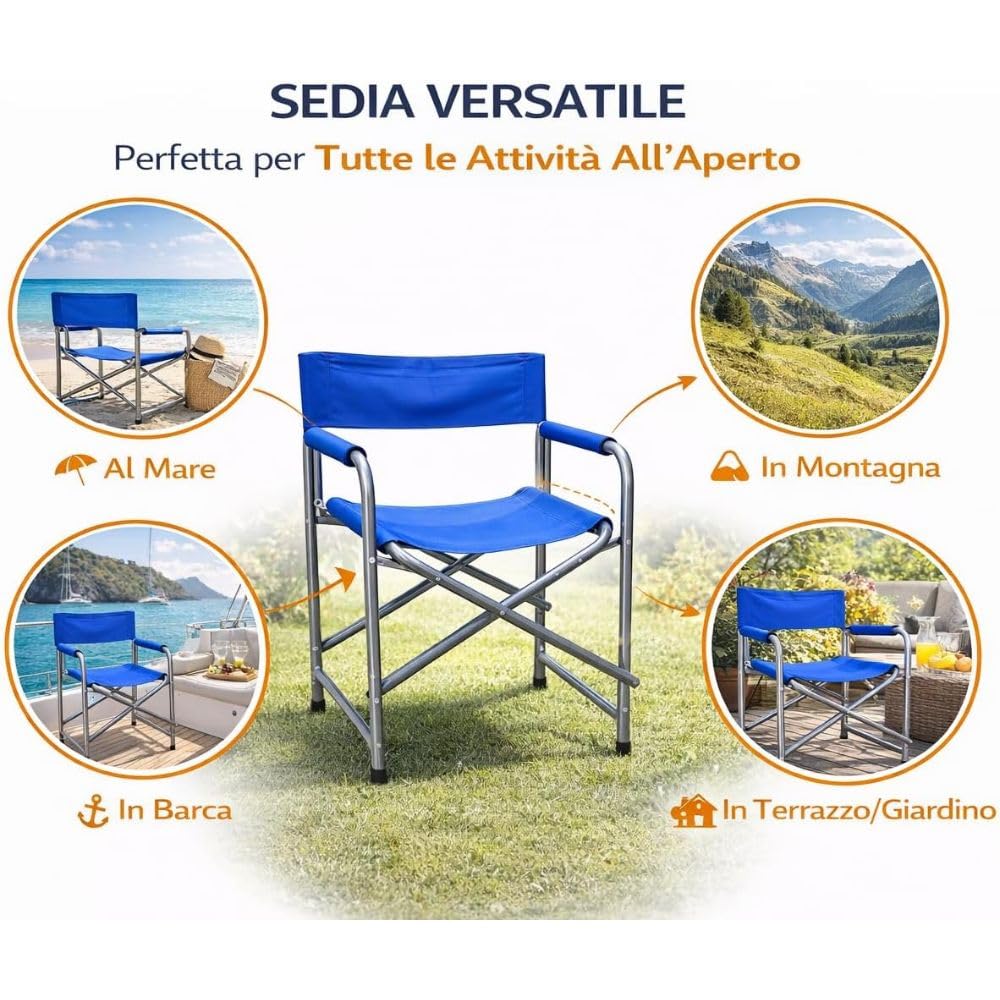 Set 2 Sedie Regista Pieghevoli 57x46x80 cm – Sedie da Campeggio con Struttura in Ferro e Tessuto Oxford Resistente – Sedie Outdoor Compatte e Maneggevoli per Giardino, Spiaggia, Terrazzo