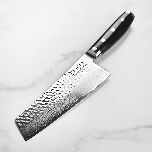 Vista 2 de Enso Cuchillo Bunka HD de 7 pulgadas, fabricado en Japón, acero inoxidable de Damasco martillado VG10