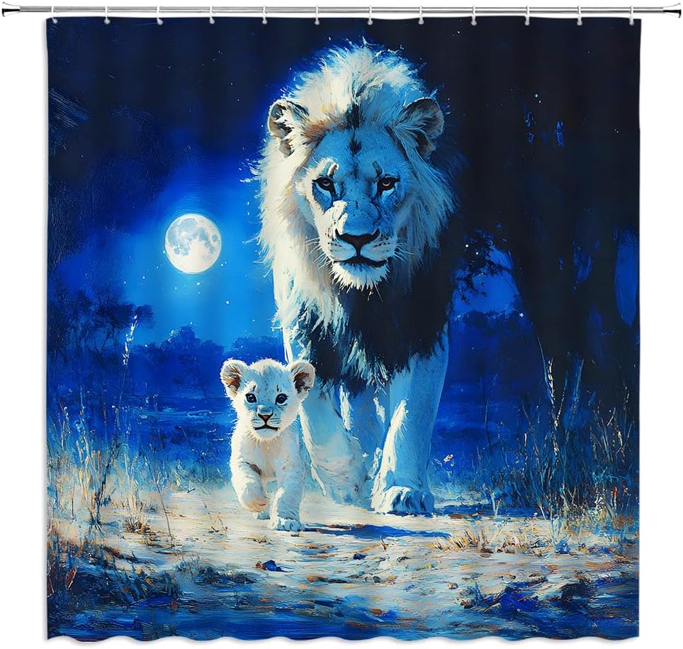 Lion Shower Curtain Vintage Wild Animal African Wildlife Full Moon Night Forest Cool Boy Men Fabric Bathroom Decor Curtains with Hooks,82 x 70