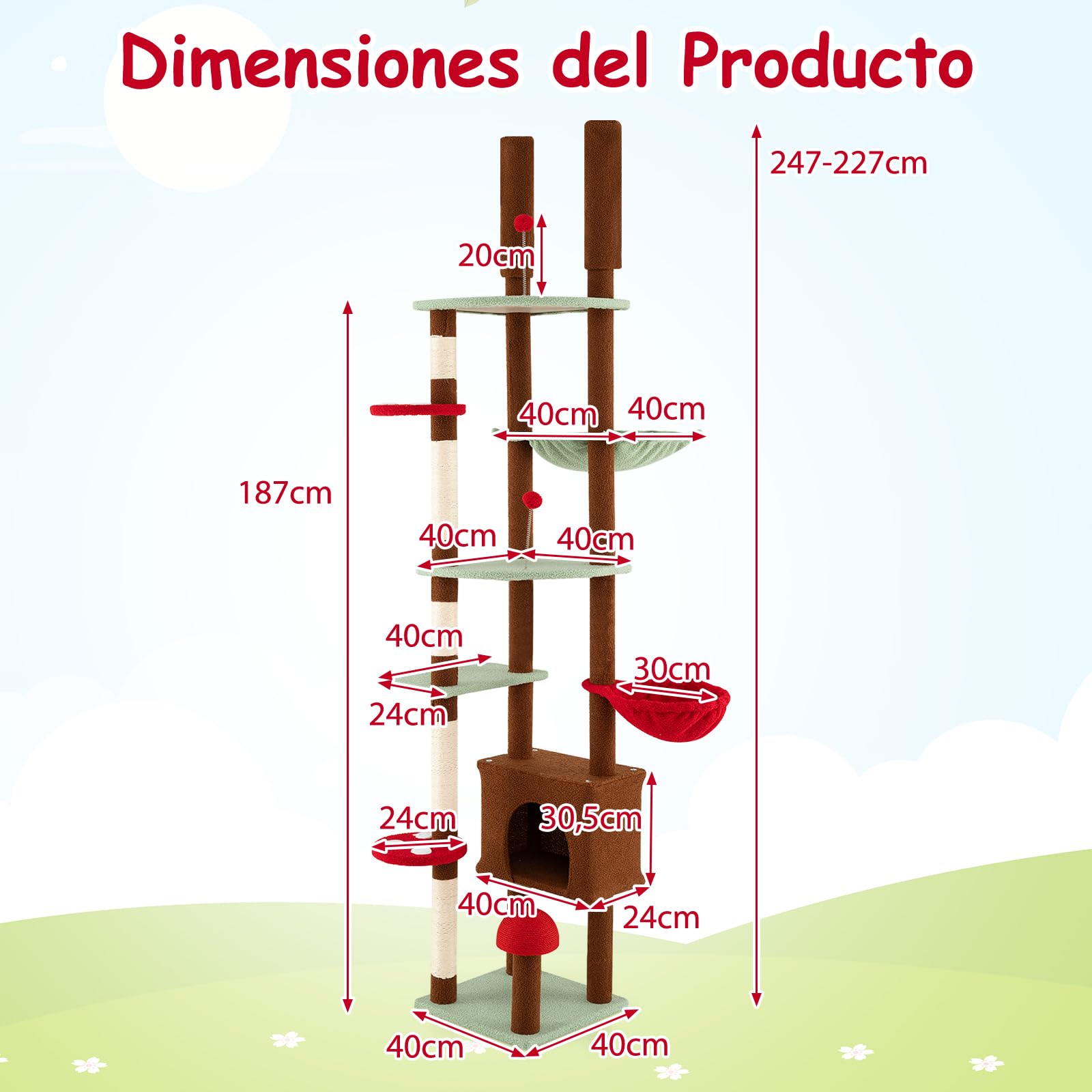 COSTWAY Árbol Rascador para Gatos de Suelo a Techo, Torre Rascador Alta para Gatos, Ajustable de 207-277 cm, con Condo y Hamaca, Cesta Colgante, Postes para Rascar de Sisal, 2 Pelotas con Resorte