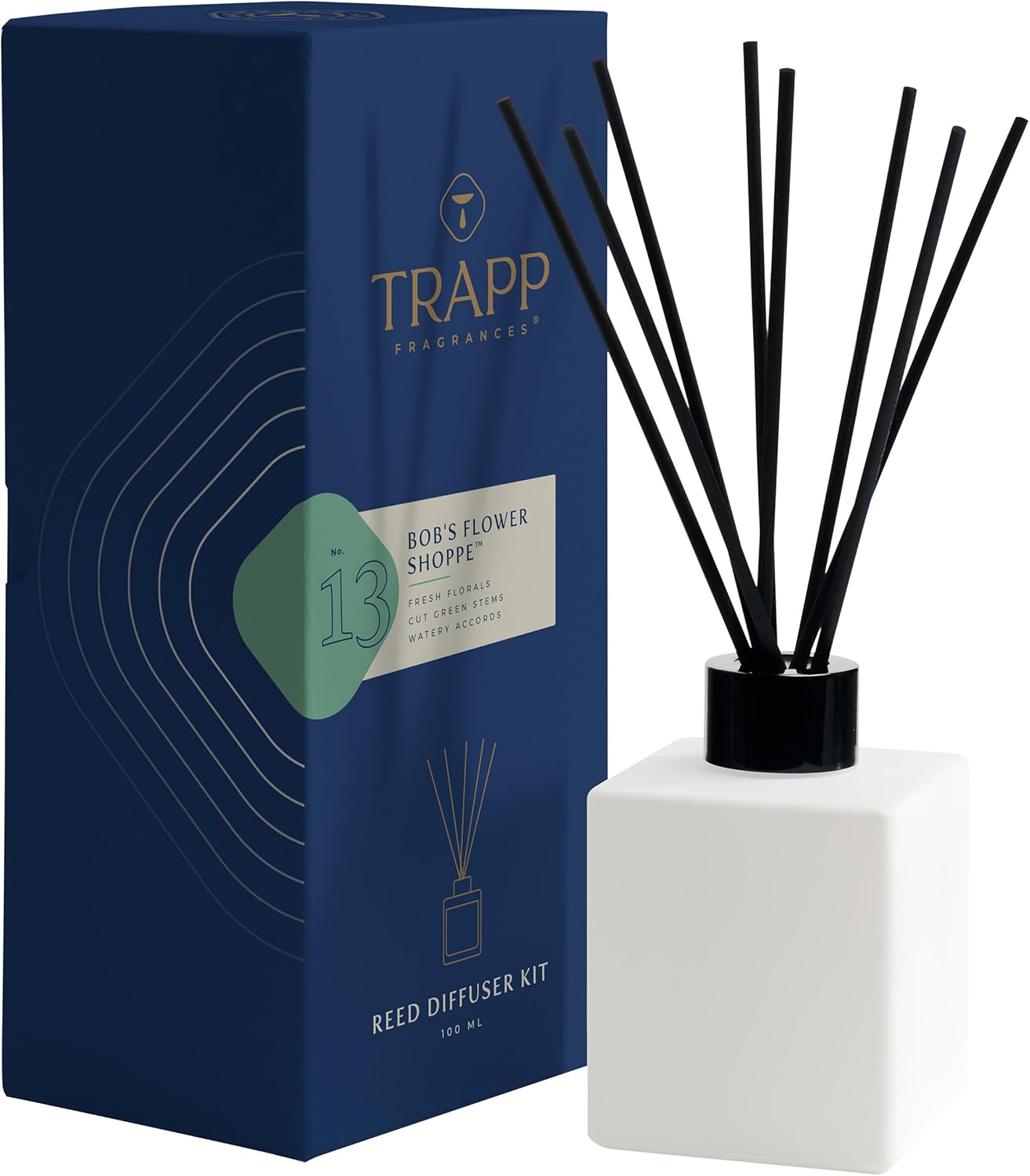 Trapp - No. 13 Bob's Flower Shoppe - Reed Diffuser Kit - Includes Set of Reeds, Scented Diffuser Oil (4 oz.), Vase - Long Lasting Scent Notes of Fresh Florals, Cut Green Stems, and Watery Accords