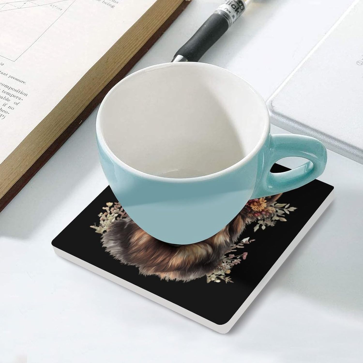 German Shepherd Dog Flower Funny Ceramic Coasters for Drink Absorbent Cup Holders Tabletop Protection