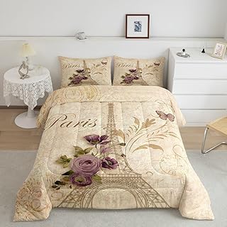 Homewish Teens Eiffel Tower Comforter Set Queen Size,Purple Rose Bedding Set for Kids Boys Girls Bedroom Decoration,Romantic Paris Bed Duvet Insert,Retro Style Comforter with 2 Pillowcases