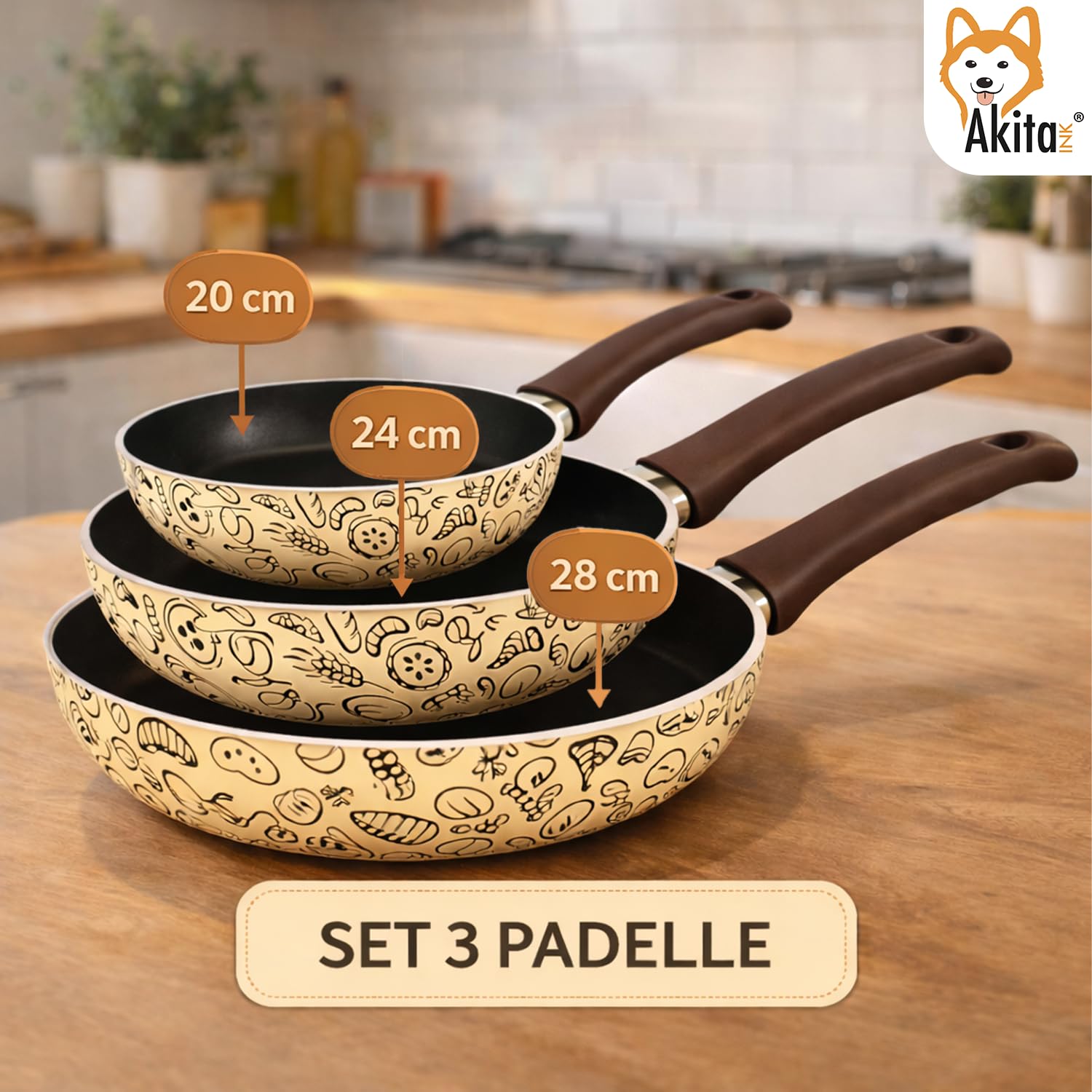 AKITAInk Set 3 Padelle Antiaderenti 20, 24 e 28 cm - Padelle Pastella da Cucina con Rivestimento Antiaderente e Manico Soft Touch, Ideali per Cotture Uniformi