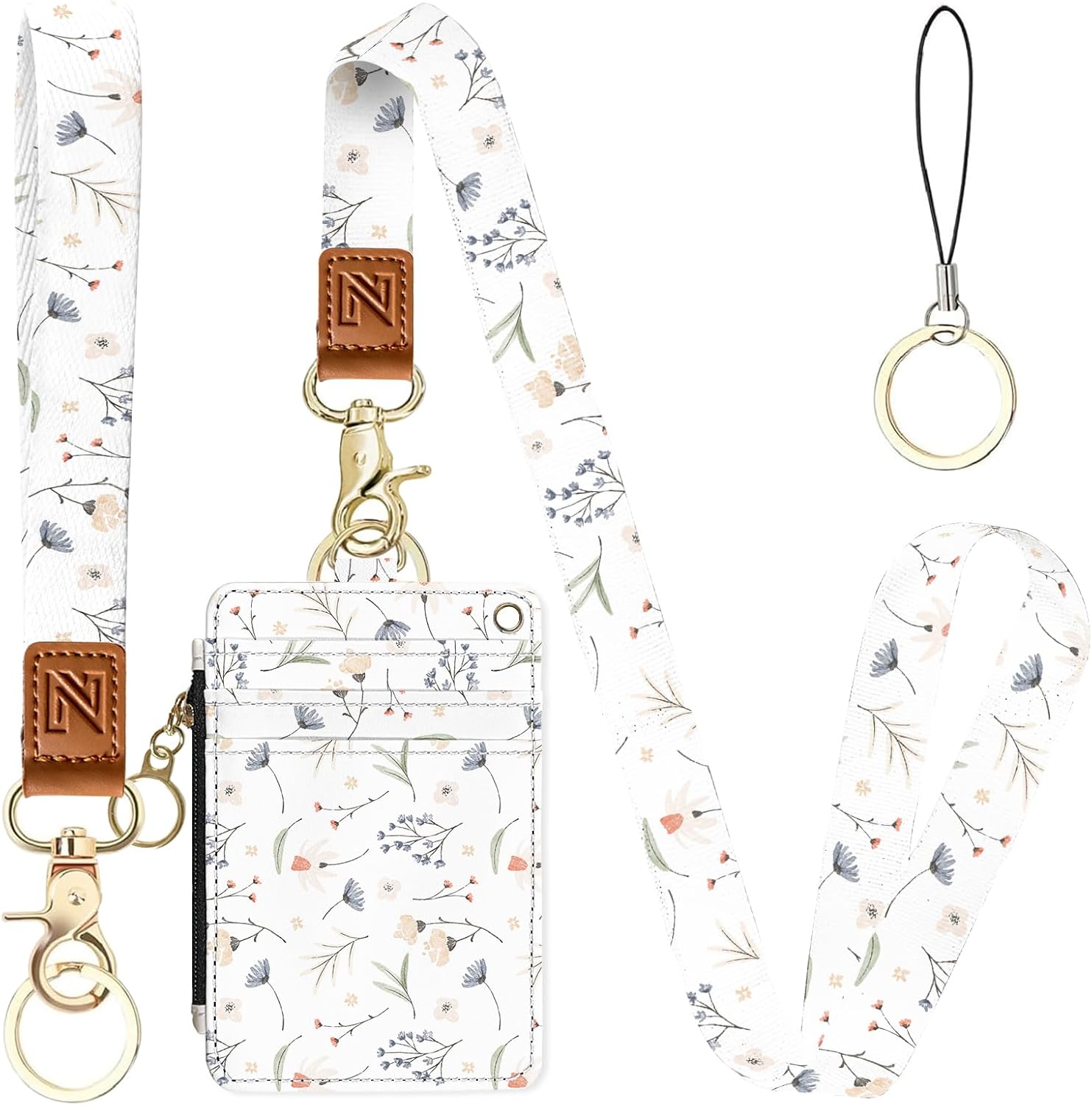 White Flowers 2-in-1 ID Badge Holder & Lanyard Wallet for Teachers,Nurse,Professionals-Cute Zippered Coin Pouch,Removable Wristlet & Neck Lanyard,5 Card Slots Stylish Work Essential