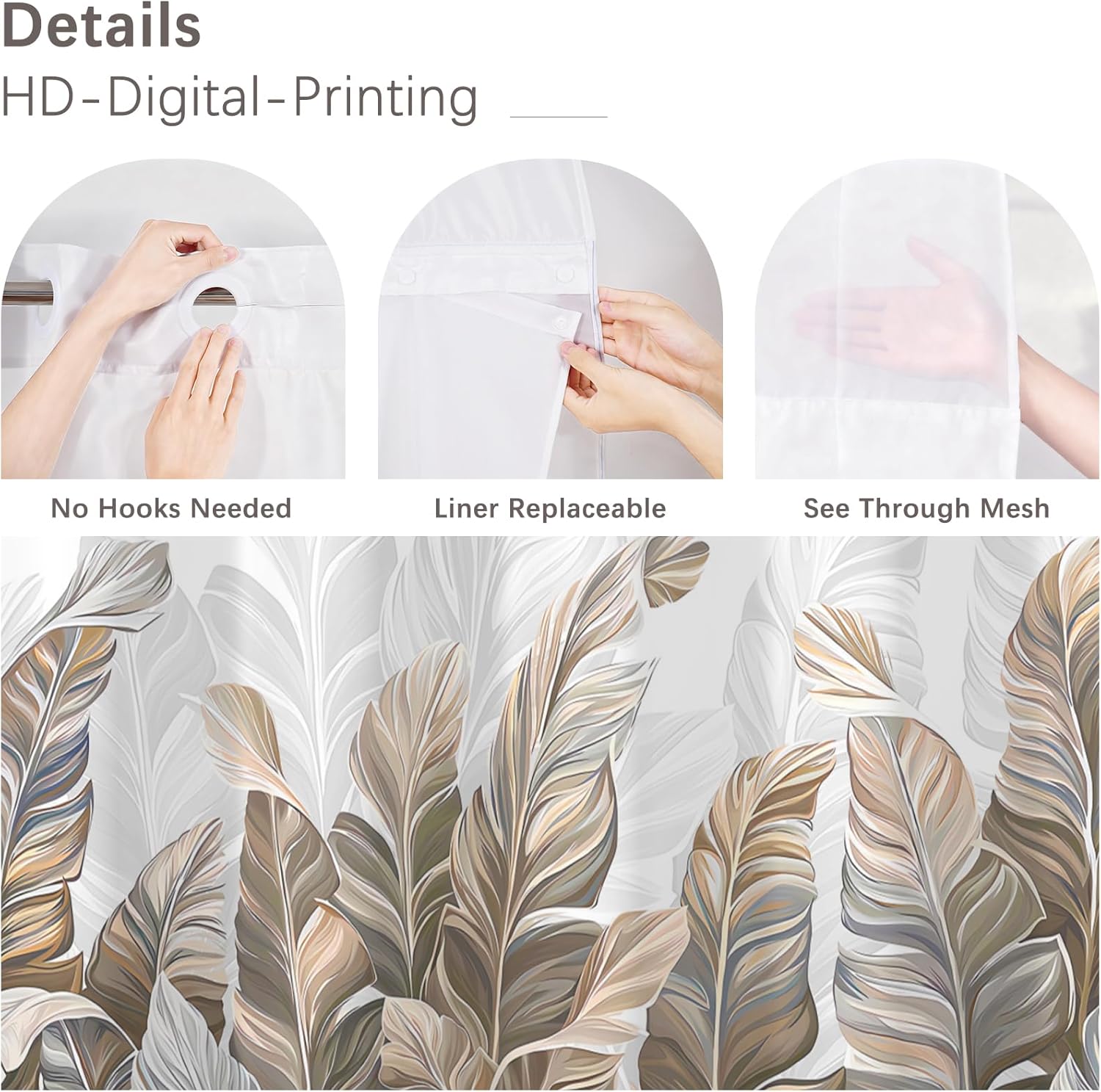 No Hook Shower Curtain,Brown Leaves Double-Layered Shower Curtain with Snap-in Liner and Weights,Brown Plants White Fabric Bath Curtain with See Through Mesh, 71x74in