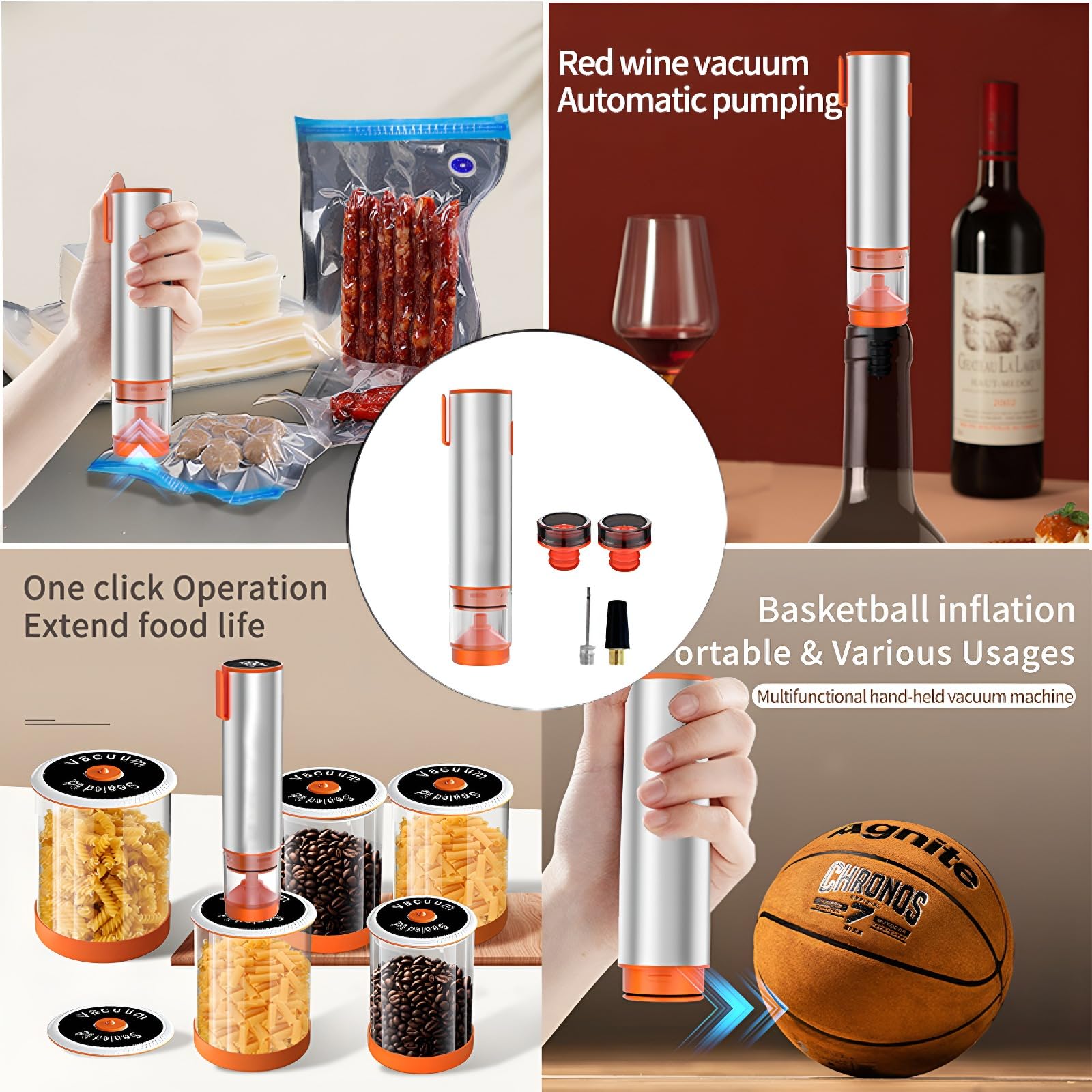 5 in 1 Food Saver Vacuum Sealer Machine Kitchen Gadgets—Smart Preserve Compact Cordless Handheld Vacuum Sealer, for Mason Jars, Wine Bottles, Sous Vide Bags, Food Storage Containers (12)