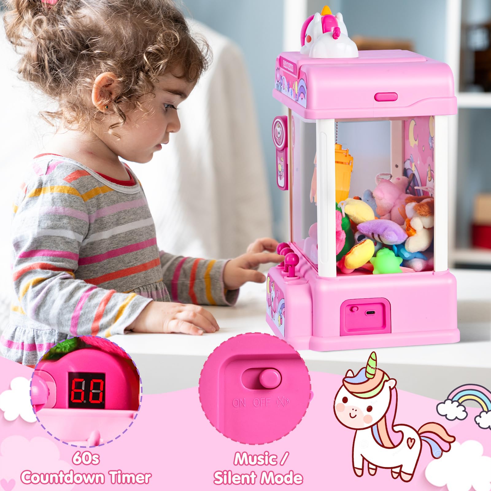 CWLAKON Candy Grabber Machine, Machine à Attraper Les Poupées avec 20 Mini Jouet, Distributeur de Bonbons Jeu d'arcade avec Musique, Anniversaires et Cadeaux de Noël pour Enfants Filles, Rose