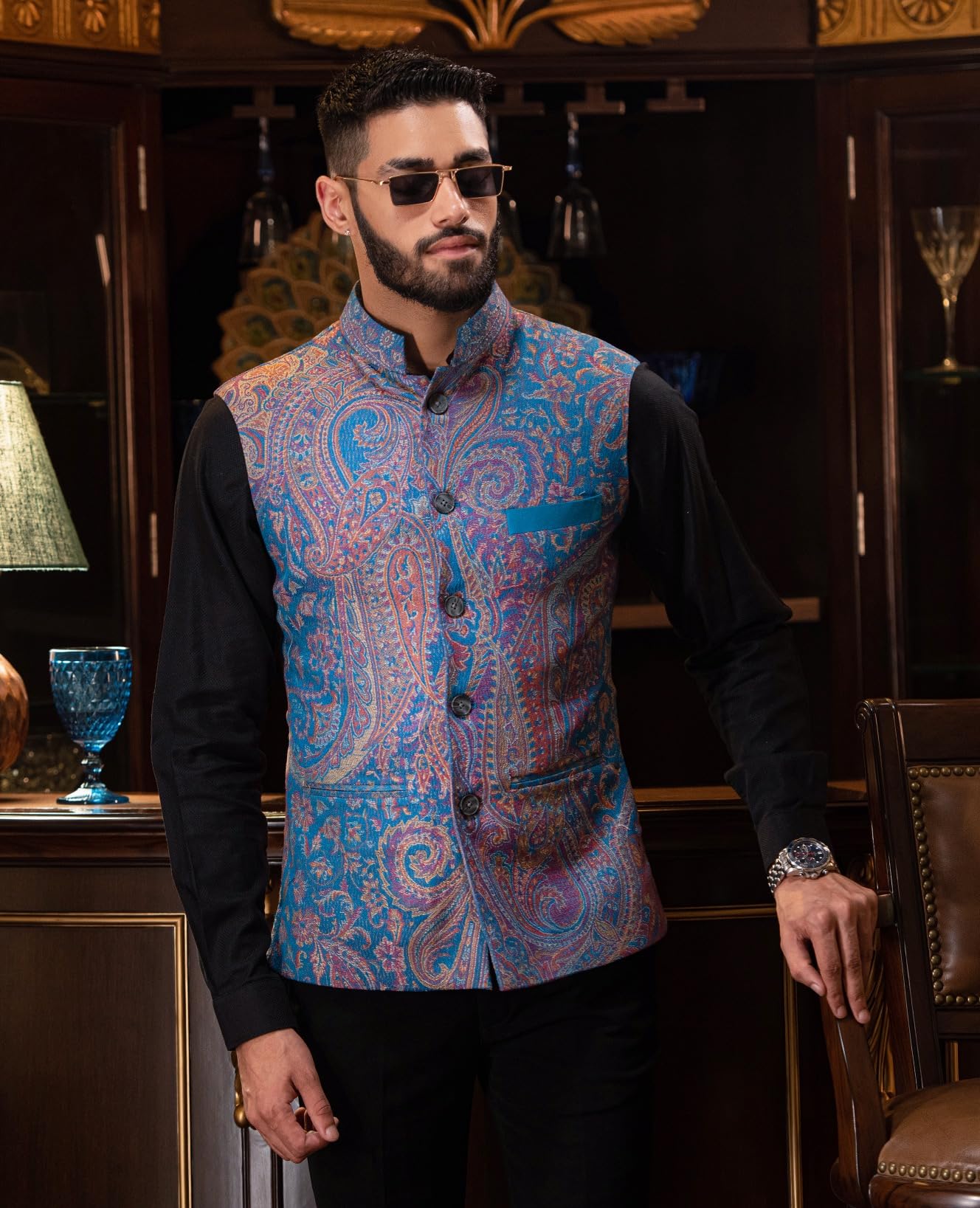 Pashtush Mens Woven Jacquard Waistcoat, Structured Slim Fit, Saphire Blue (44 - XL) 1