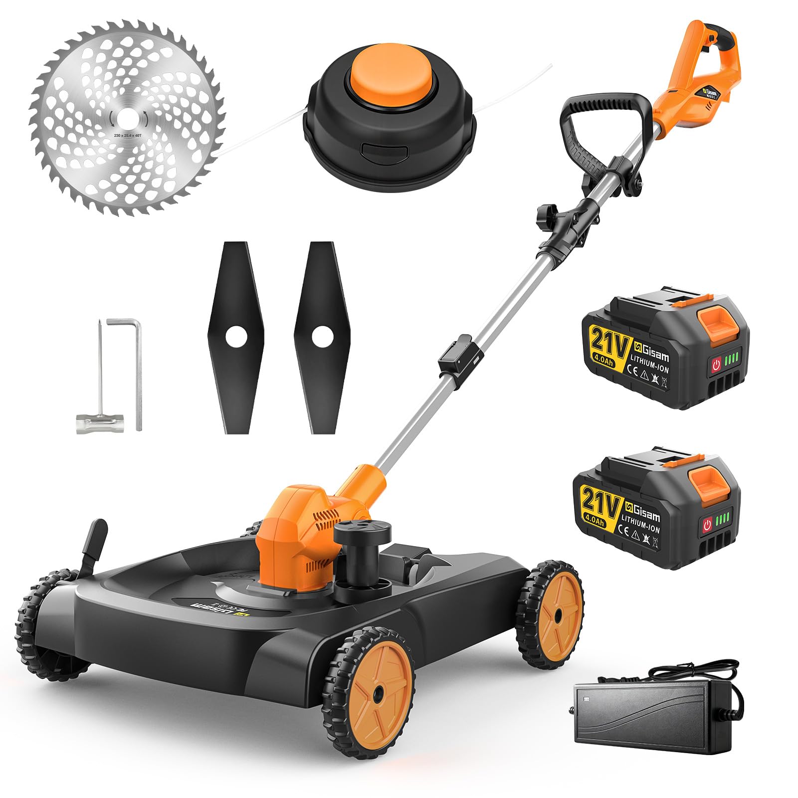Cortacésped sin Cable 3 en 1, Recortadora & Bordeadora, Motor Sin Escobillas 3000W, 18,9" 3 Cuchillas, 2×4.0Ah, Altura y ángulo Ajustables,Convient Aux Pelouses Et Aux Mauvaises Herbes (bl)