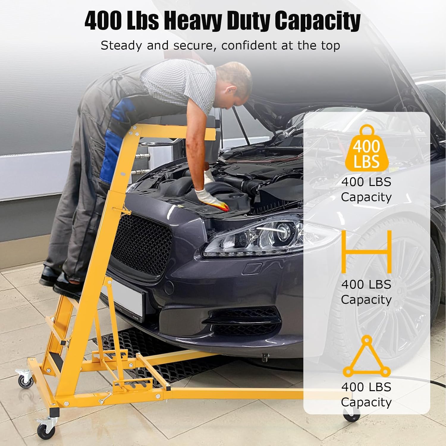 Automotive Top side Creeper, Adjustable Top Side Engine Creeper 48"-66", 400 LBS Capacity Heavy Duty Automotive Engine Creeper with Padded Deck & 4 Swivel Caster Wheels, Black Mat and Yellow Body