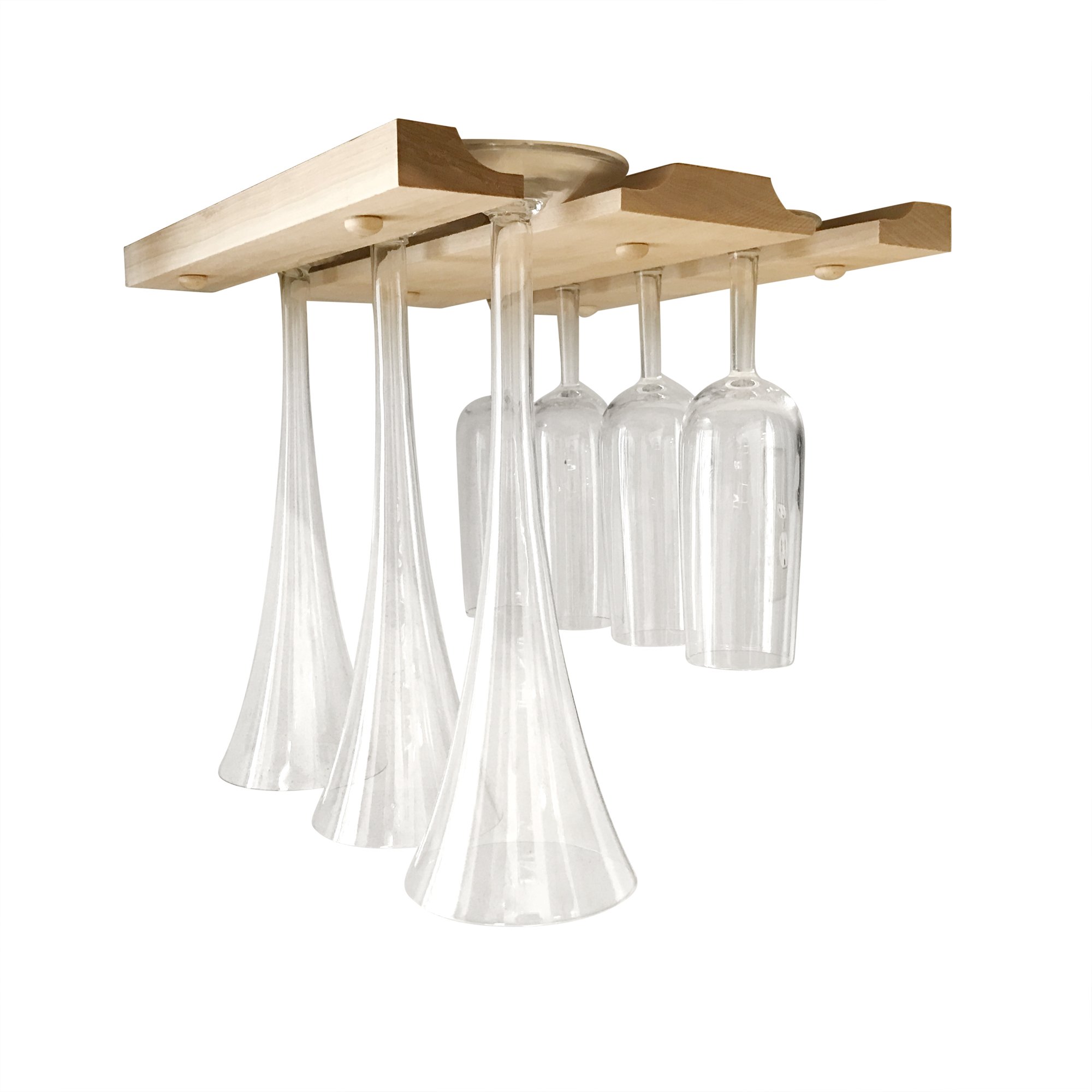 SMITCO Wooden Under Cabinet Wine Glass Rack - Holds 6 Glasses - Modern, Natural Light Wood - Customizable, Easy to Install