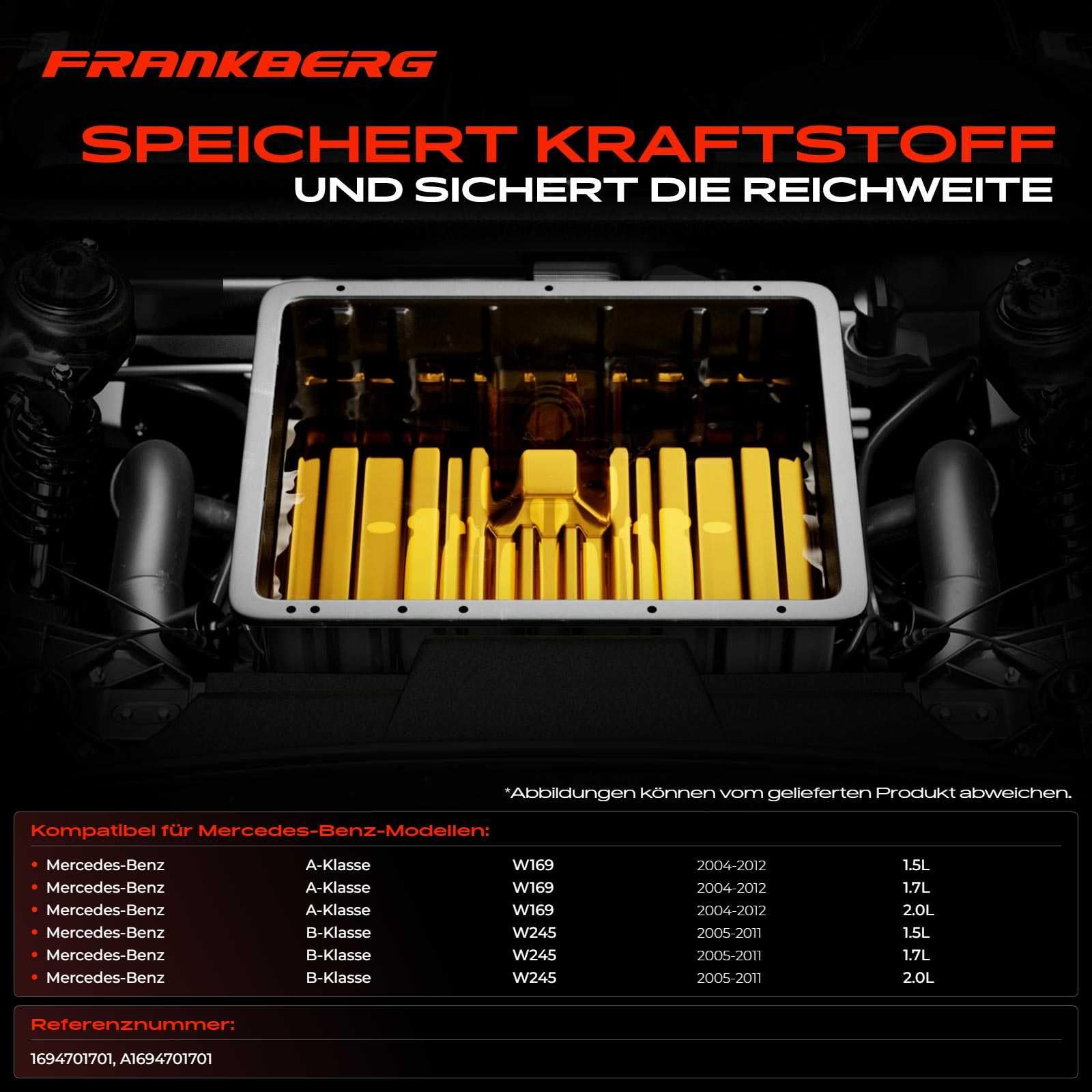 Frankberg Kraftstofftank Kraftstoffbehälter 54L Kompatibel mit A-Klasse W169 A150-A200 1.5L 1.7L 2.0L Benzin 2004-2012 A-Klasse W169 A160 CDI 2.0L Diesel 2004-2012 Replace# 1694701701