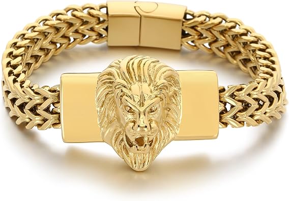 Lion Head Mens Bracelet Gold Tone Stainless Steel | Cuban Link Chain, Punk Hip Hop Jewelry, Gift for Him