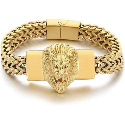 Lion Head Men's Bracelet Gold Tone Stainless Steel Cuban Link Chain Punk Hip Hop Jewelry, Gift for Him