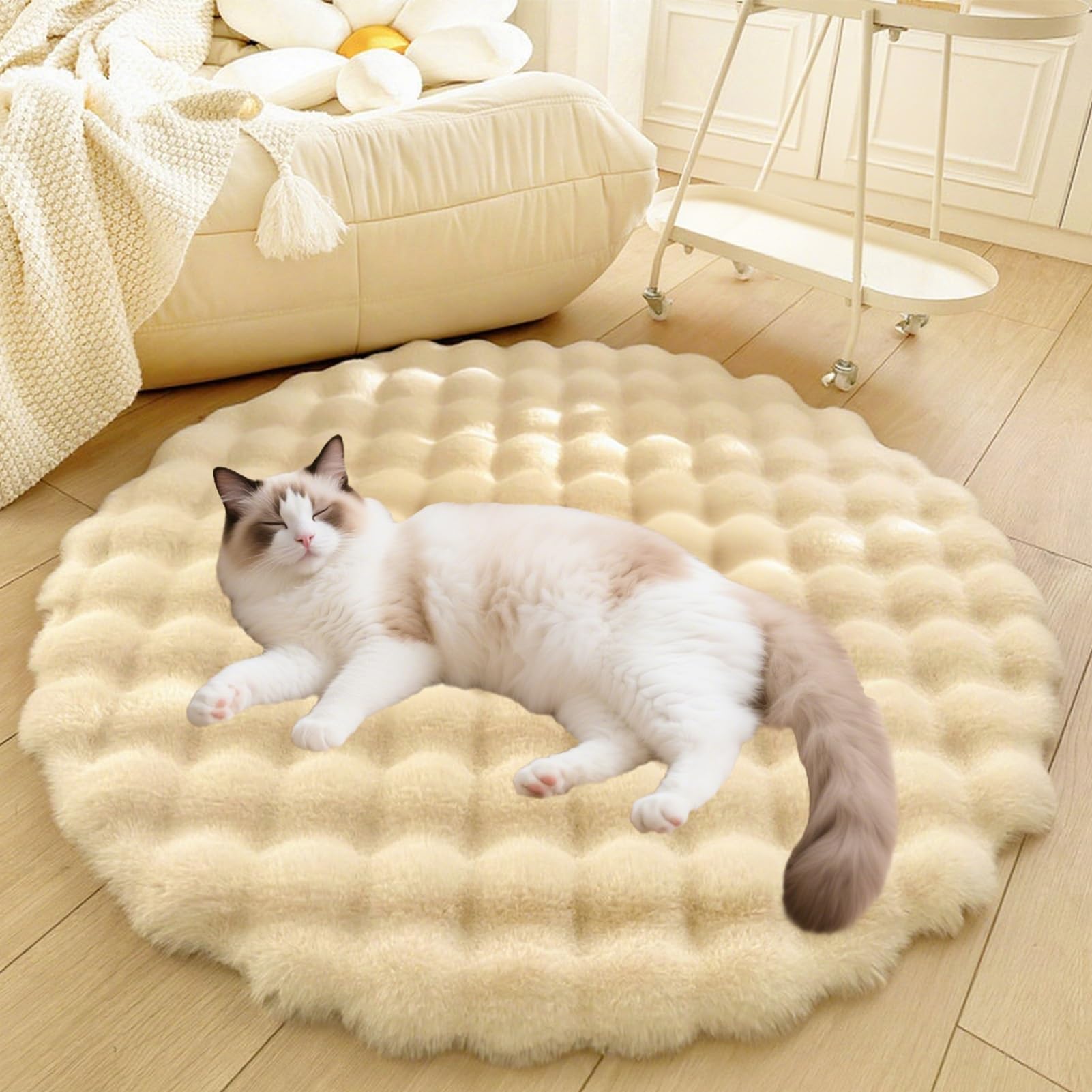 Divano per Cani E Gatti Con Fondo Antiscivolo, Tappeto Rotondo Lavabile, Moderno Letto A Pelo Lungo Da Posizionare Accanto Al Pavimento, Tappetino per Soggiorno(Beige,47in)